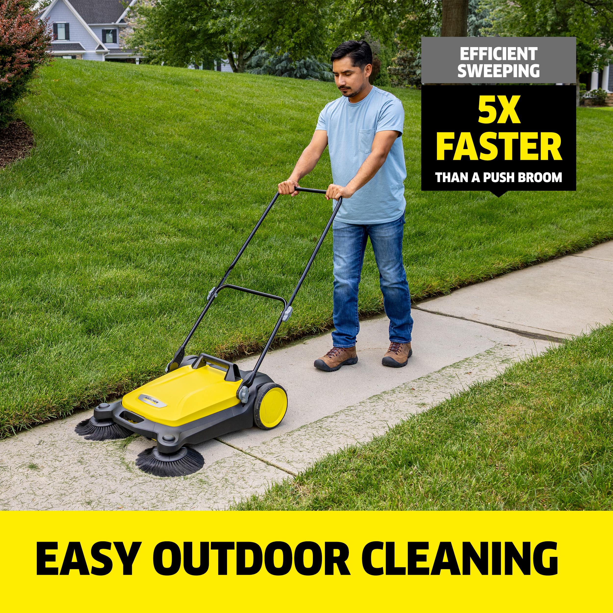 Kärcher Walk Behind Outdoor Push Sweeper S 4 Twin for Workshops, Warehouses or Garages - 5X Faster Than a Push Broom, 5.25 Gallon Capacity, 26.8