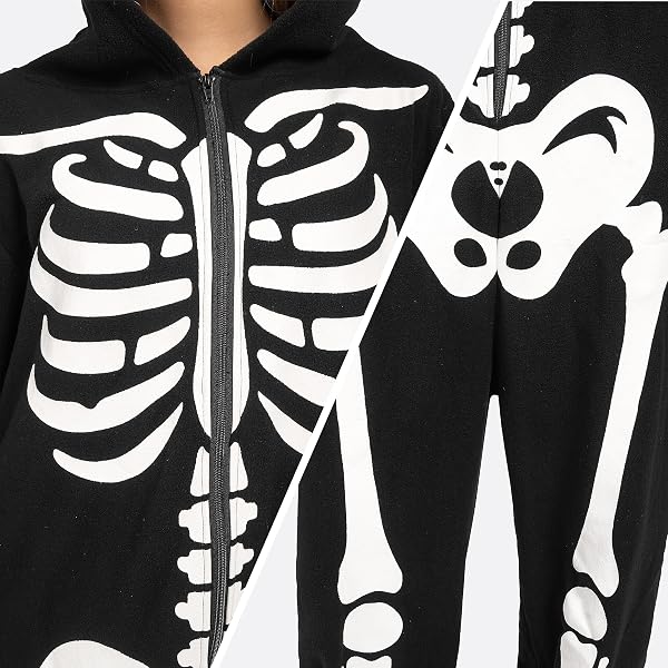 SPOOKTACULAR CREATIONS ADULT SKELETON COSTUMES FOR WOMEN GLOW IN THE DARK SKELETON JUMPSUIT ZIP-UP HOODED JUMPSUIT HALLOWEEN COSPLAY COSTUME
