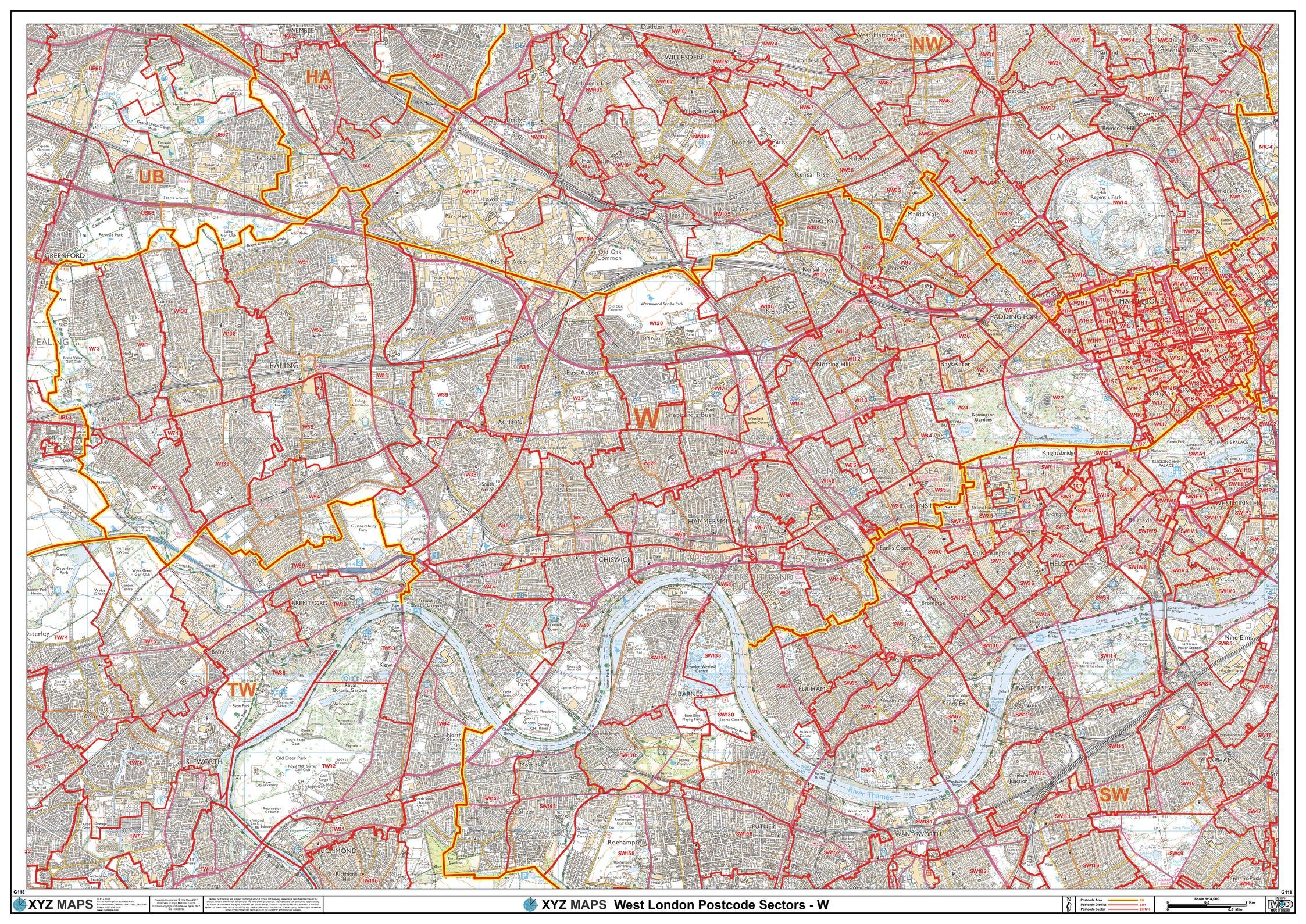 West London - W - Postcode Wall Map - 47" x 33.25" Laminated