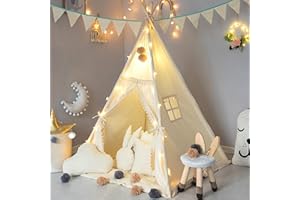 TreeBud Kids Teepee Tent with Padded Mat, Banner, Fairy Lights, Yarn Ball, Carry Bag, Beige Cotton Canvas Play Tent for Child with Tassels Lace, Play House Tipi for Kids Room Decor