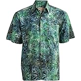 Johari West Hawaiian Short Sleeve Cotton Button-Down Batik Shirt for Men (Geometric Forest)