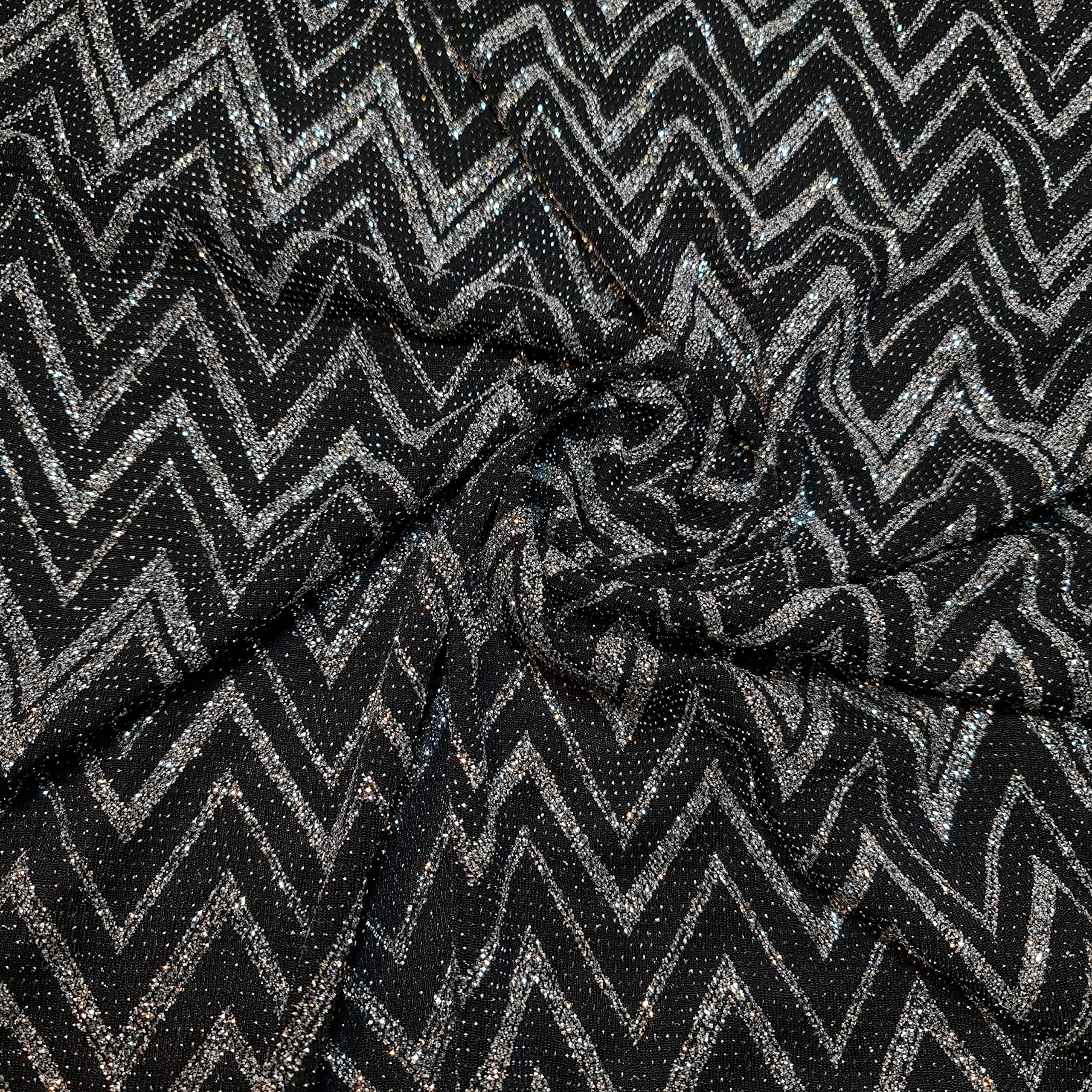 Plain / Printed ITY Spandex Jersey Elastane Stretch Dress Leggings Fabric 58" - 150cm Wide Sold As 1 Meter Pre - Cut Lengths (Black Silver Glitter Chevron) — image 1