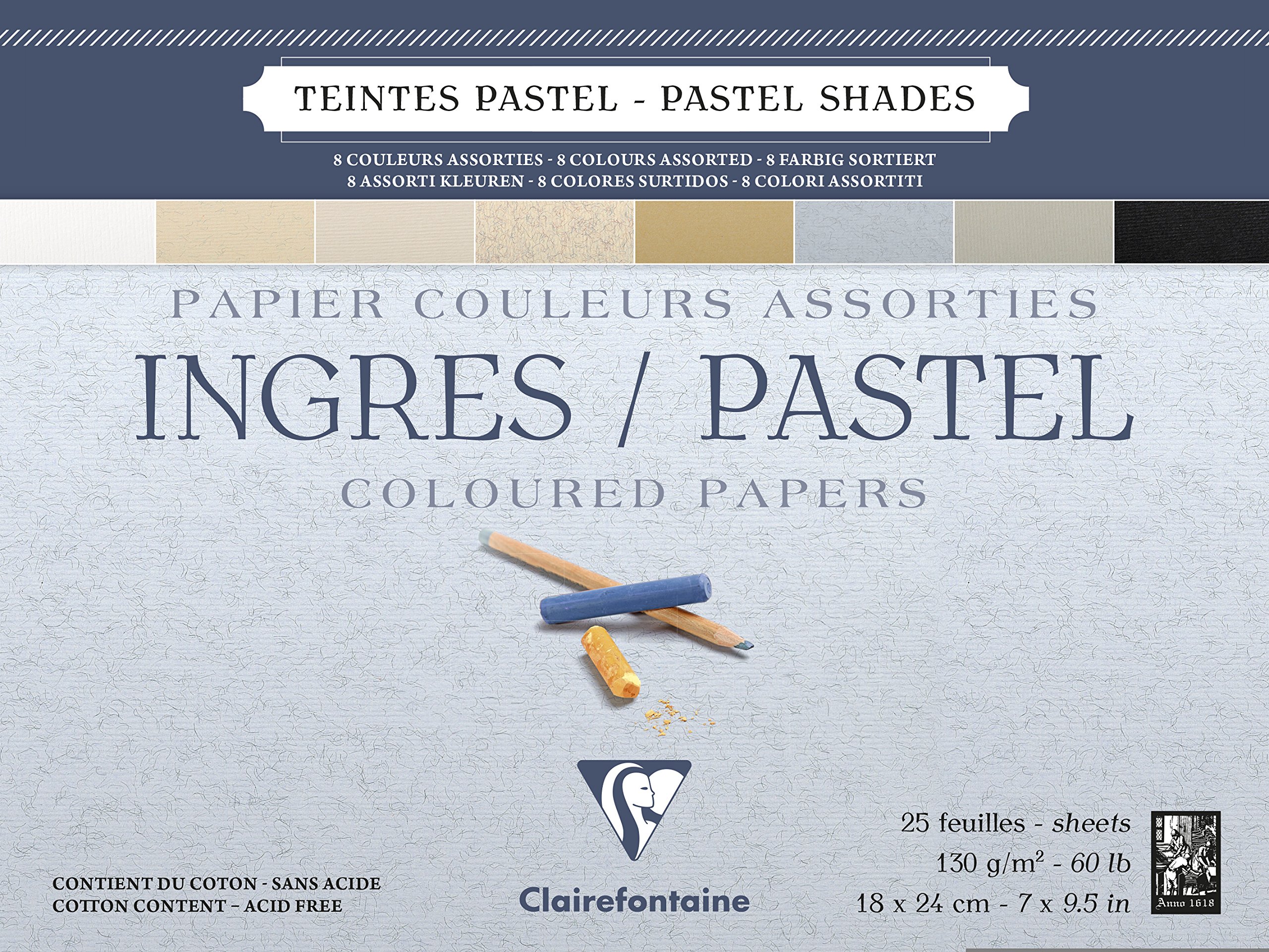 Clairefontaine - Ref 96486C - Ingres Pastel Colour Glued Pad (25 Sheets) - 18 x 24cm Size, Cotton Content, Acid Free, 130gsm Paper - Assorted Pastel Colours