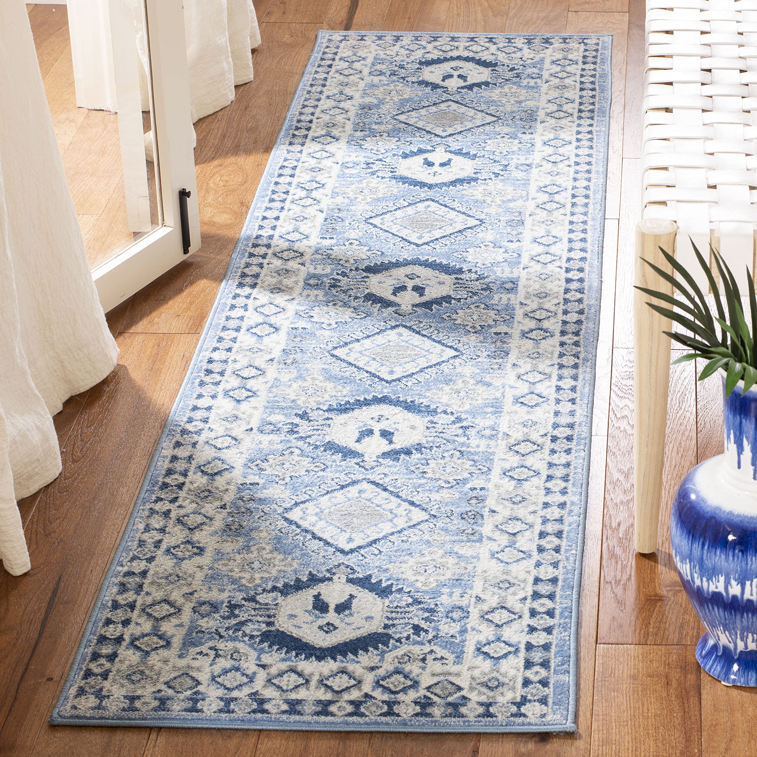 Safavieh Tribal Inspired Indoor Woven Runner Area Rug, Kazak Collection, KZK119, in Blue / Creme, 61 X 244 cm for Living Room, Bedroom or Any Indoor Space