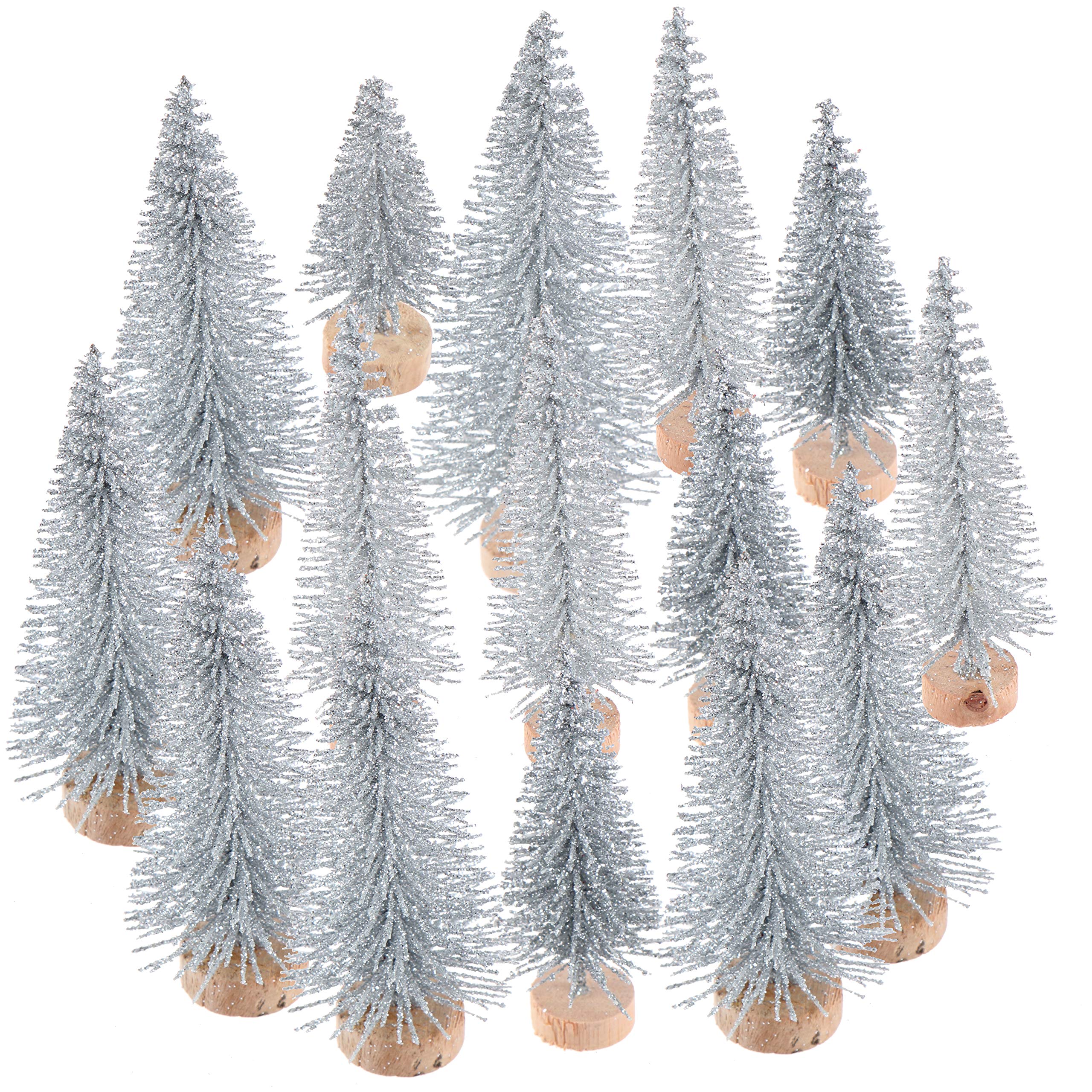 NIU MANG 15 Pcs Mini Christmas Tree Bottle Brush Christmas Trees with Glitter Powder Artificial Sisal Tabletop Sisal with Wood Base for Christmas Party Home Decoration(5 Sizes, Sliver)