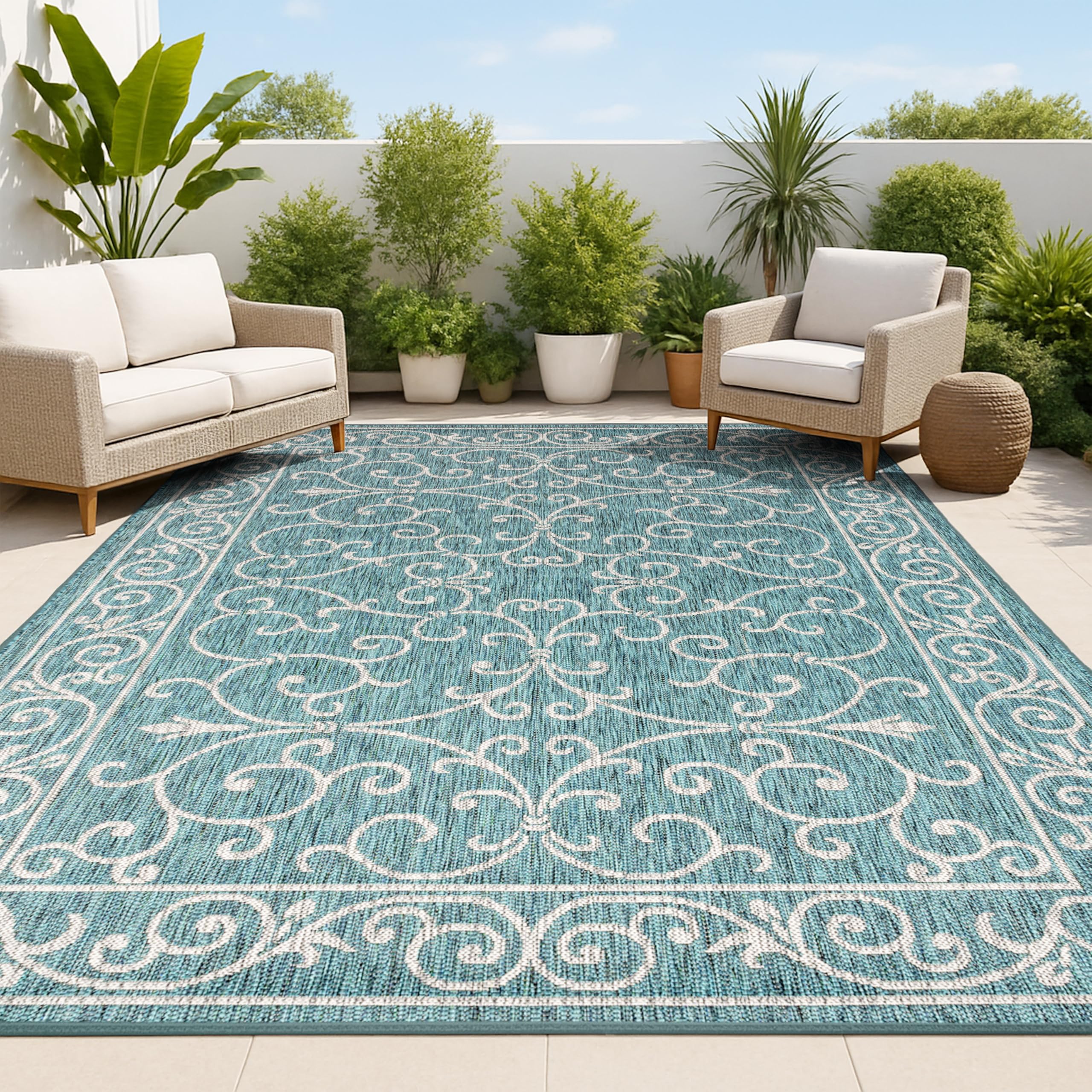 JONATHAN Y Vintage Filigree Indoor Outdoor Area Rug 10X14 Teal/Gray, Charleston Textured Weave for Backyard, Patio, Porch, Easy-Cleaning, High Traffic, Pet-Friendly, Non-Shedding (SMB106F-14) Image