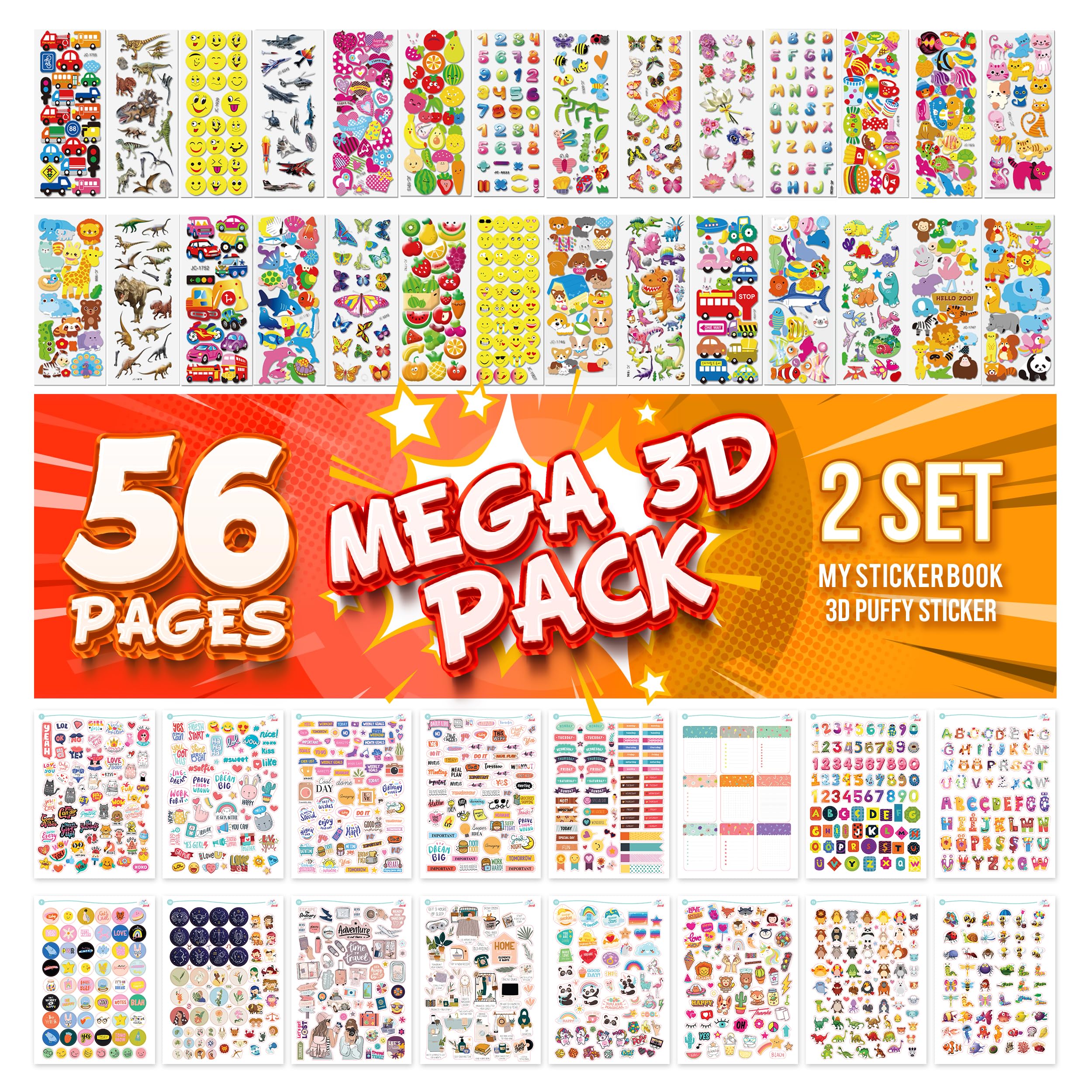 colortouch 3D Sticker Set, 56 Sheets 3D Puffy Stickers für Kids, Stickeralbum - Bullet Journal, Scrabook, Toddlers, Adults, Boys, Children's, Girls, Numbers, Letters, Animals, Dinosaurs, Cars — image 1