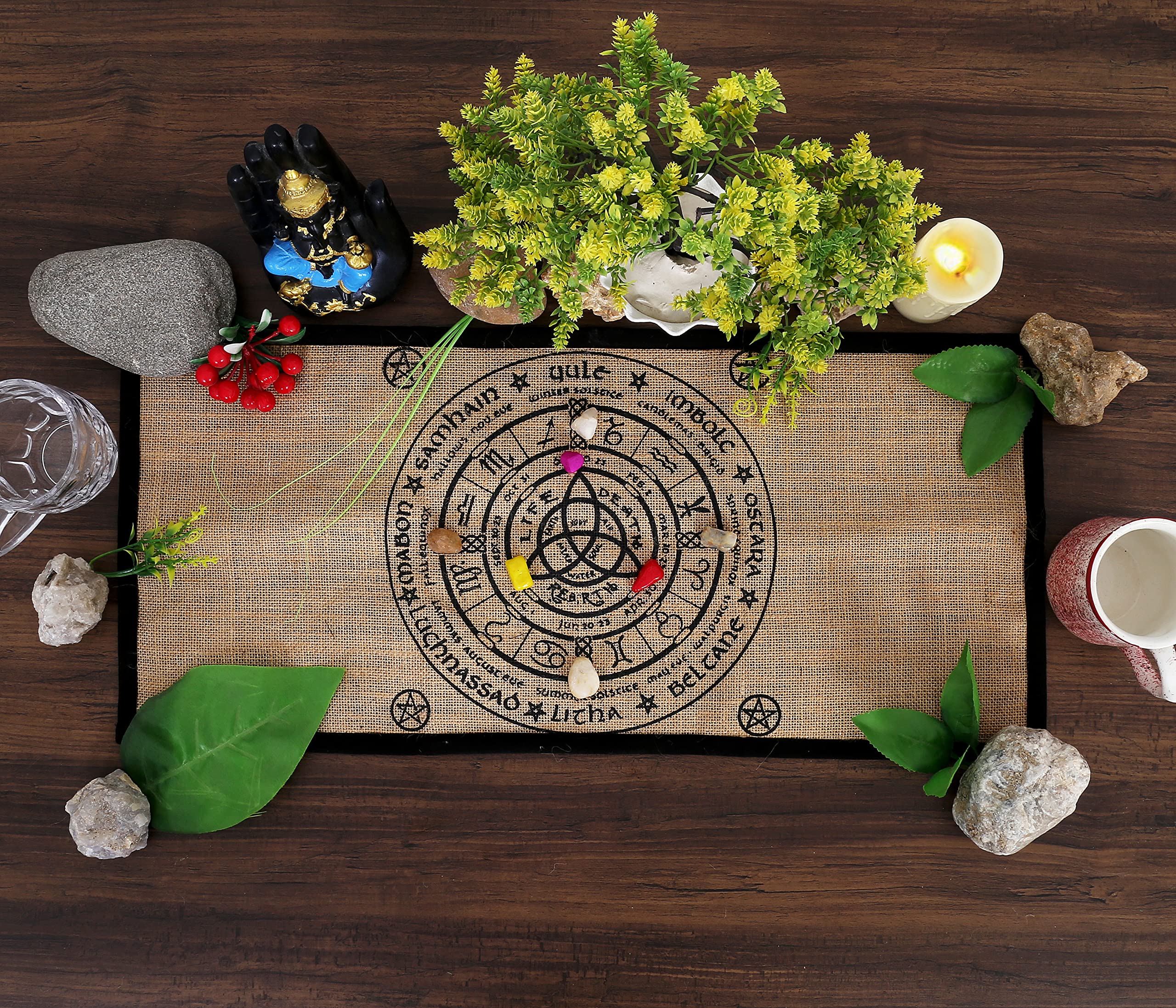 Indian Consigners Altar Cloth Witchcraft Supplies Wiccan Altar Tools Tarot Spread Witch Pagan Decor Witchy GiftsTriquetra Pagan Wheel Organic Burlap with Fabric Backing 24"x12"