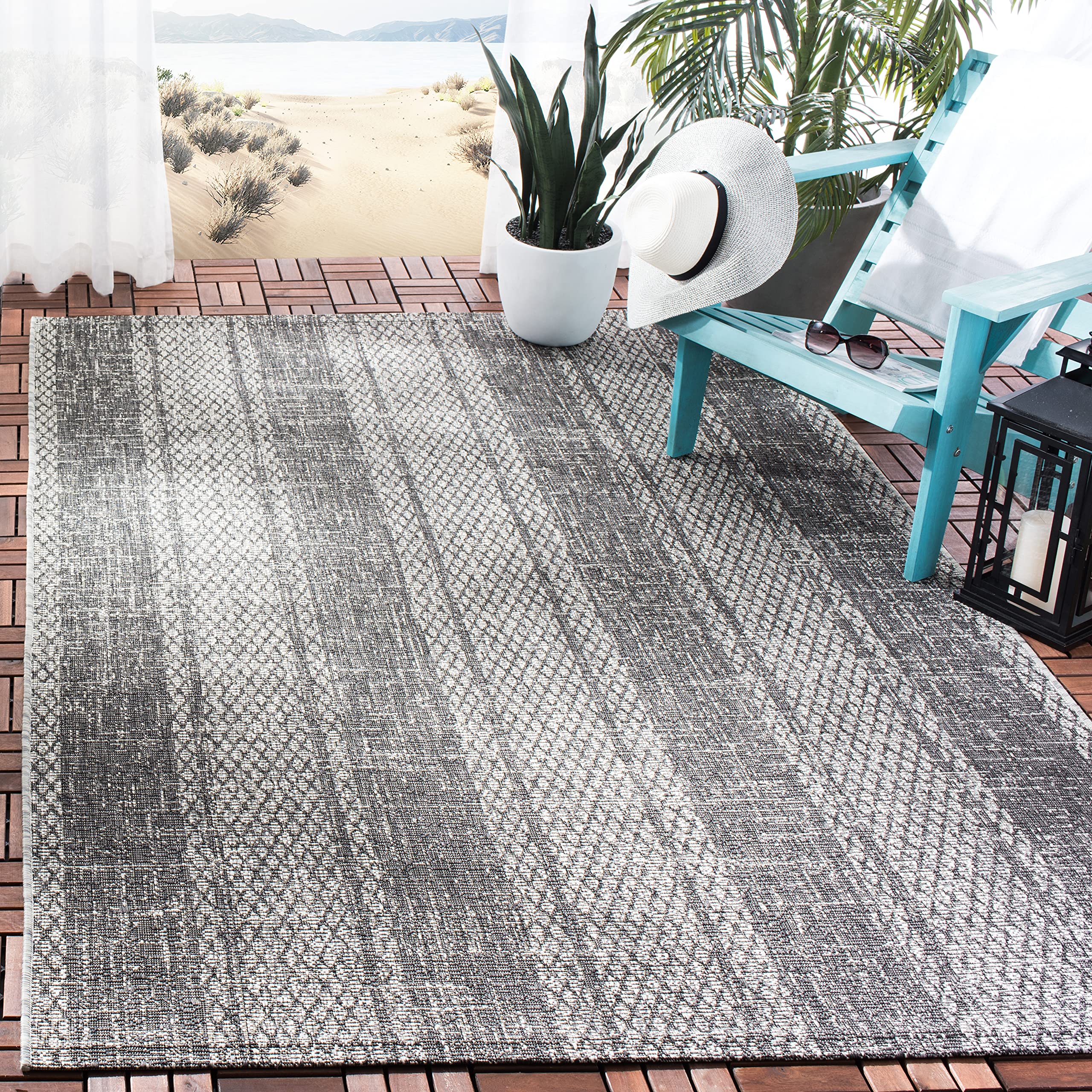 Safavieh Contemporary Indoor/Outdoor Woven Rectangle Area Rug, Courtyard Collection, CY8736, in Light Grey / Black, 79 X 152 cm for Garden, Patio or Any Outdoor Space