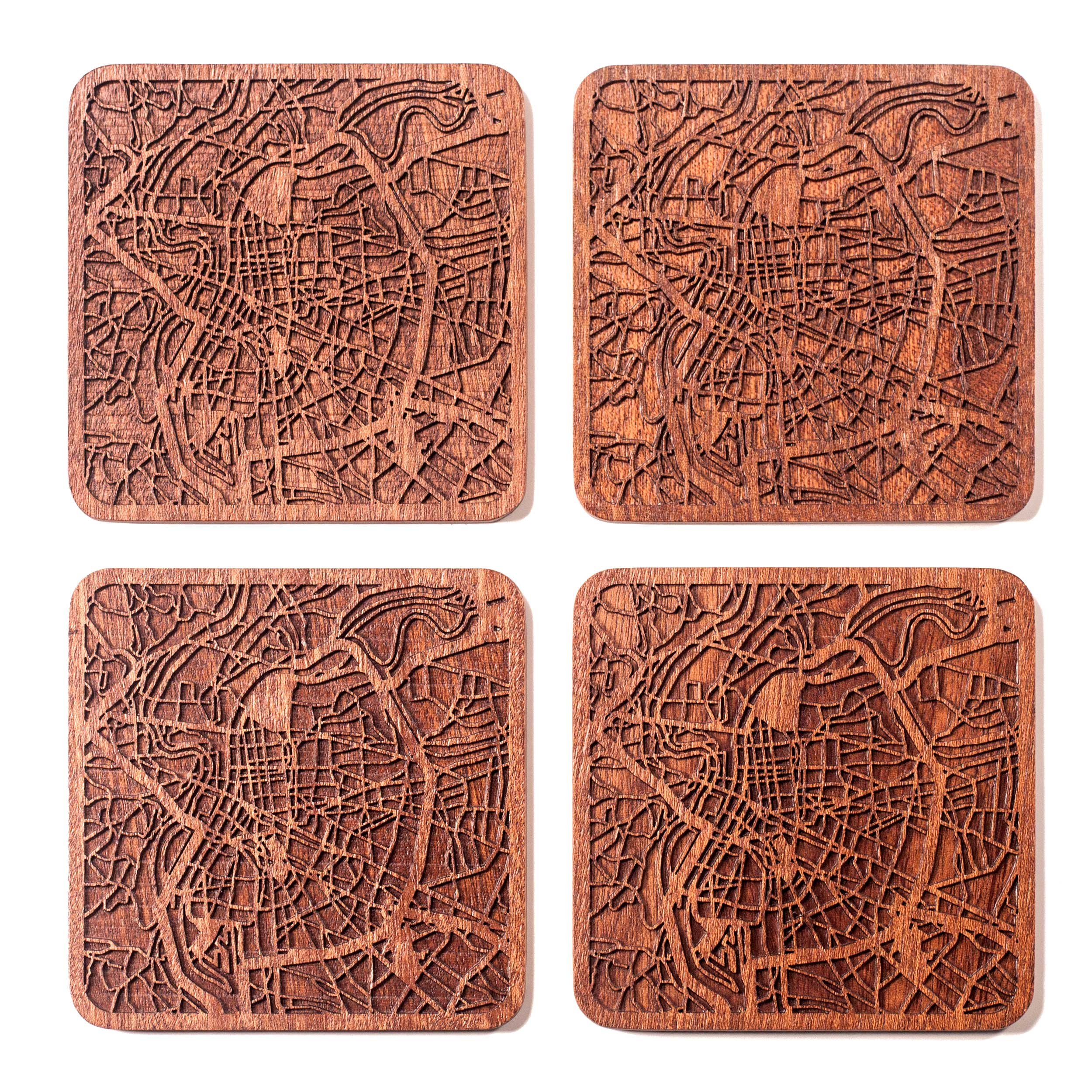Lyon Map Coaster, Set of 4, Sapele Wooden Coaster with City Map, Handmade
