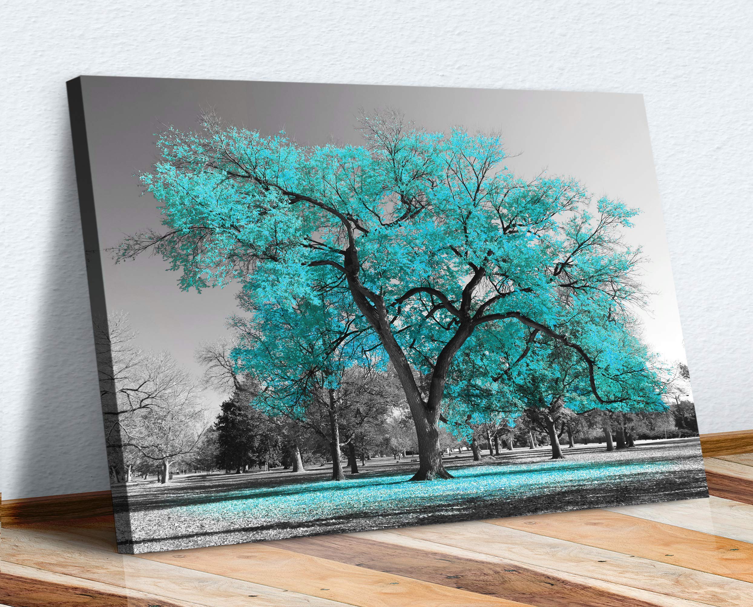 Large Tree Turquoise Teal Leaves Black White Canvas Wall Art Picture Print (8in x 12in / 20cm x 30cm)
