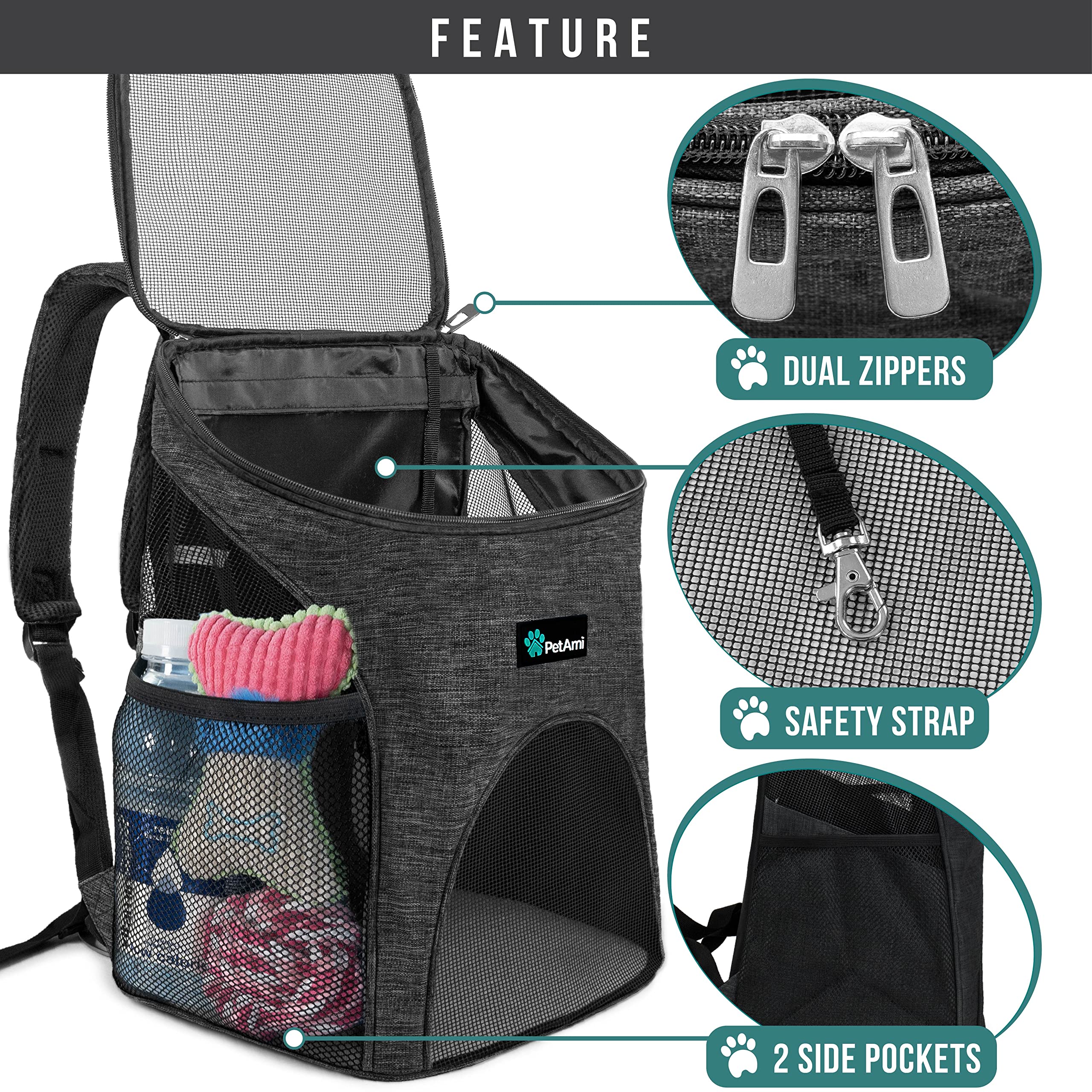 PetAmi Small Dogs and Cat Backpack Carrier, Airline Approved Pet Backpack Carrier, Ventilated, Safety Strap, Buckle Support Designed for Hiking Travel Camping Outdoor, Max 18 lbs (Gray)