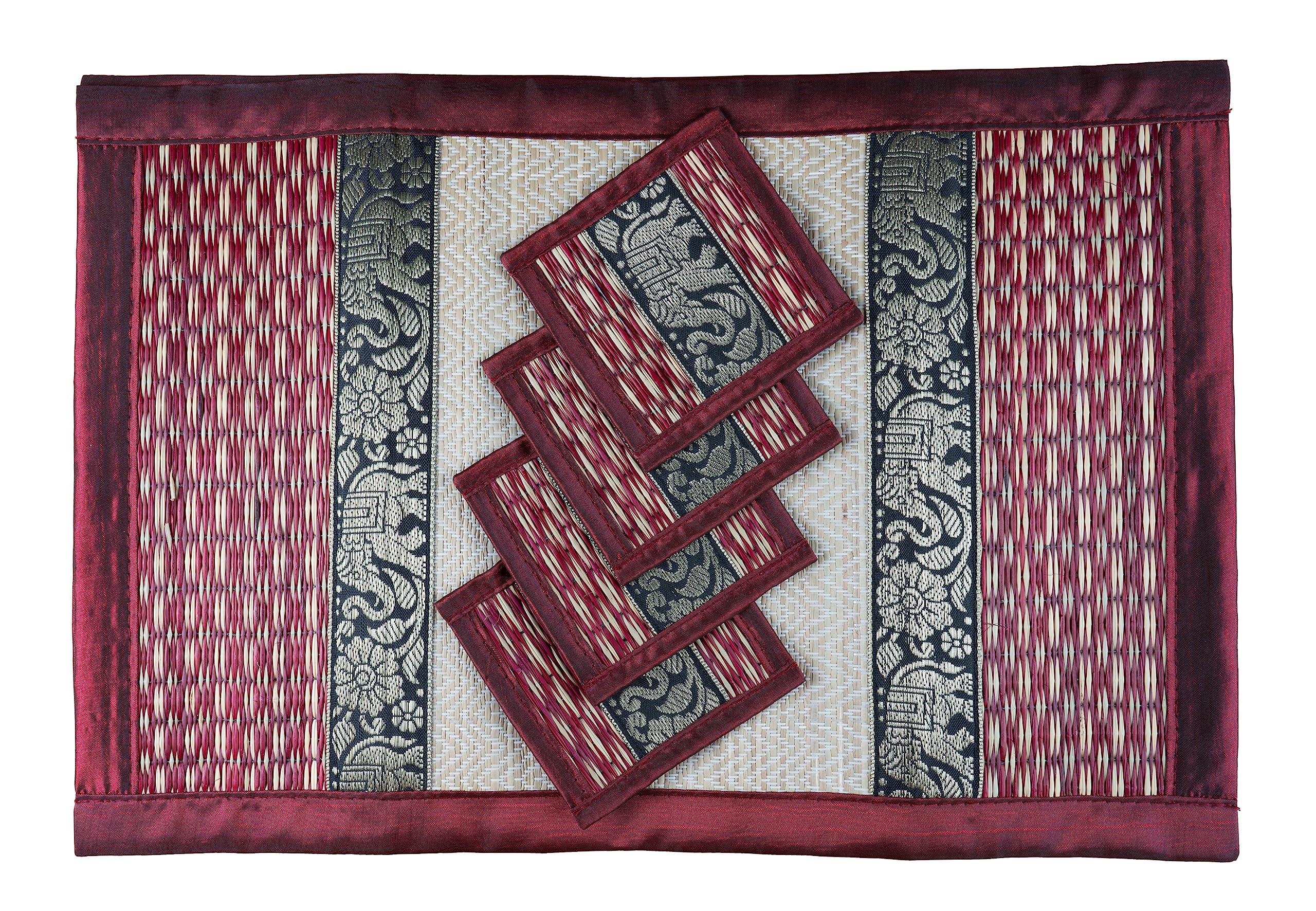 Cccollections Hand-Woven Table Placemats & Coasters Set for Everyday Dining | Thai Style Wicker Placemats Alternative to Plastic Heat Resistant - 4 Pcs