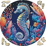 Wooden Jigsaw Puzzles for Adults - Animal Shaped Puzzles - Round Wooden Ocean Puzzles - Christmas & Birthday Gift Idea - Seahorse