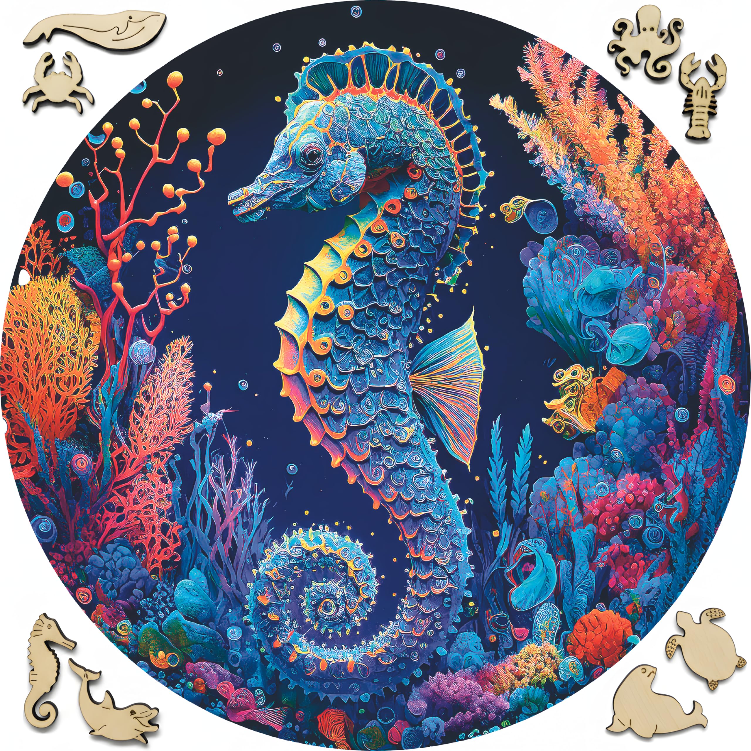 Wooden Jigsaw Puzzles for Adults - Animal Shaped Puzzles - Round Wooden Ocean Puzzles - Christmas & Birthday Gift Idea - Seahorse