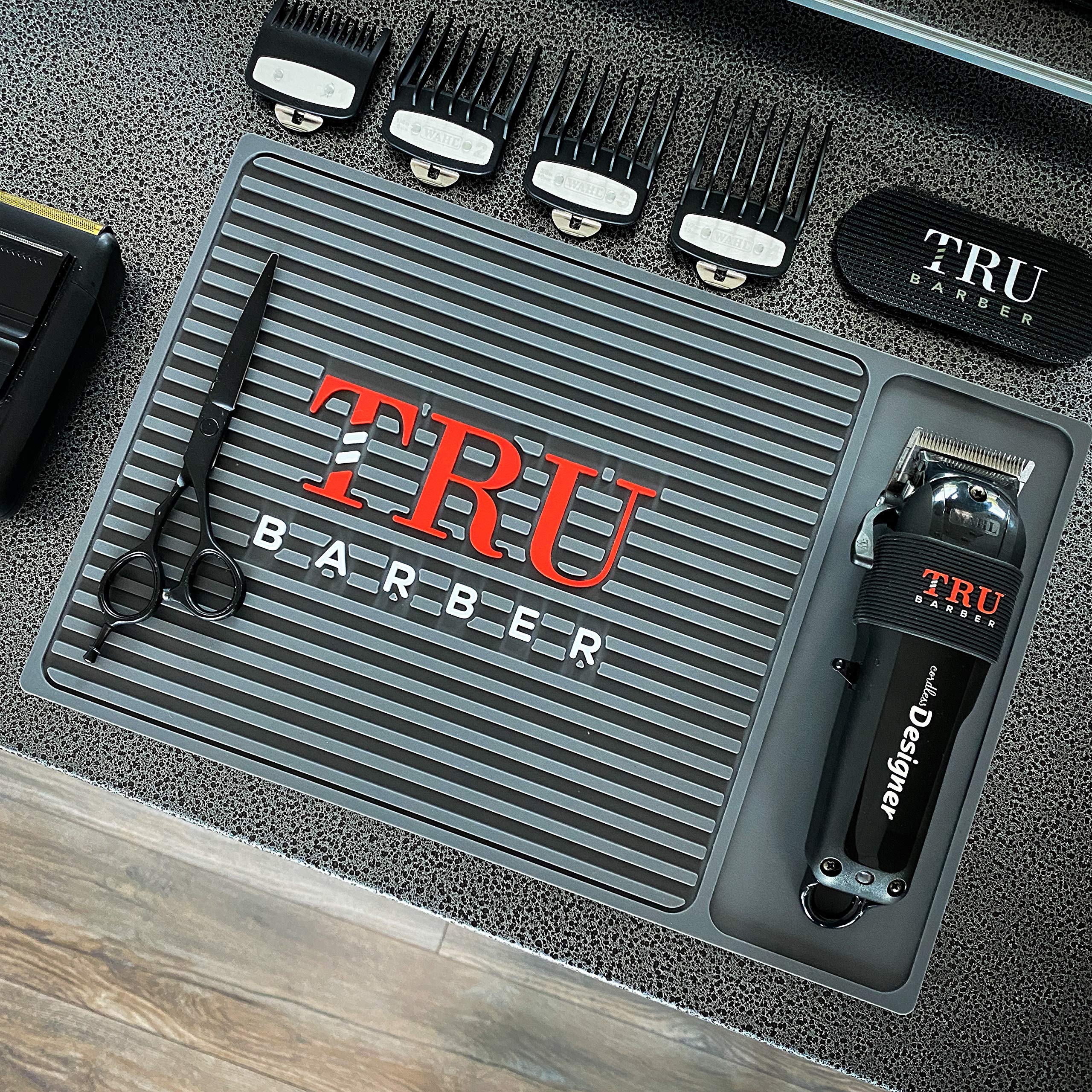 TRU BARBER ORGANIZER MAT 13”X 9” (CHARCOAL GREY) Flexible PVC Station Mat, Professional Mat, Salon and Barbershop work Station pads, Beauty salon tools hairstylist, Counter mat for clippers, Anti slip