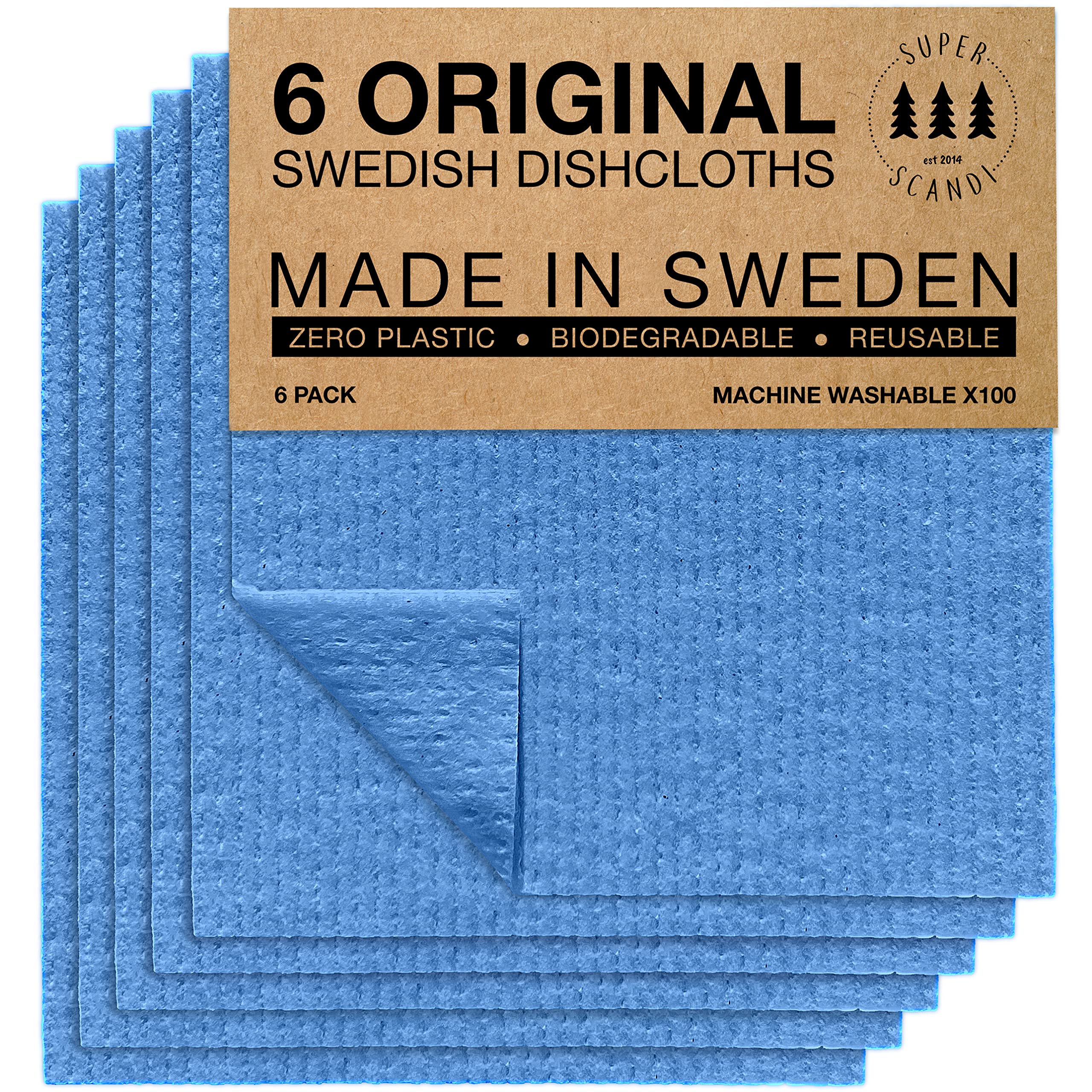 SUPERSCANDI 6 Pack Reusable Cleaning Cloths - 100% Biodegradable & Compostable | Washable Swedish Dishcloth - Food-Safe & Plastic-Free | Kitchen Cloth Suitable for Any Surface, Blue