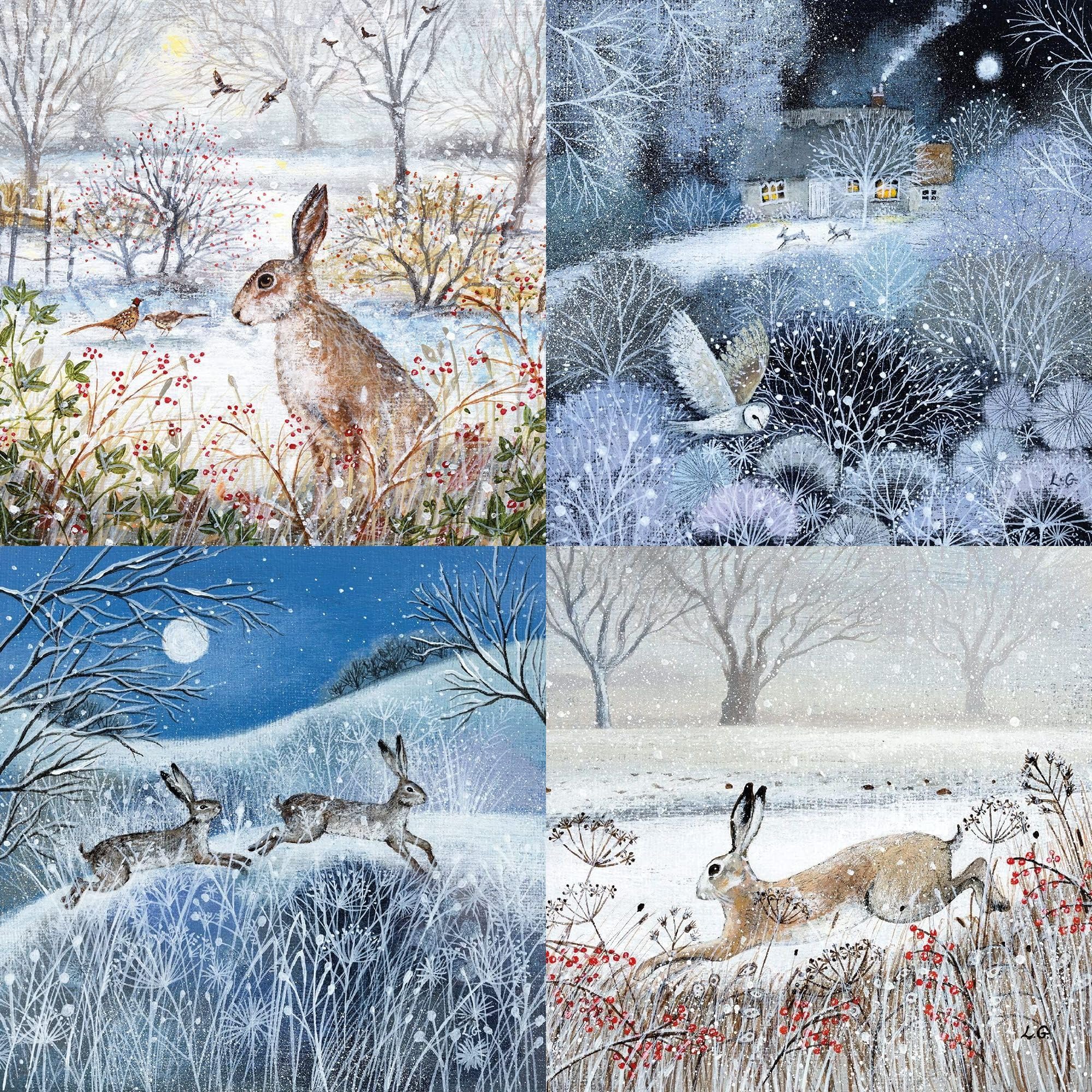 Museums & Galleries Charity Christmas Cards Pack of 20 - Festive Hares in the Snow - Assorted Premium Greeting Cards Multipack with Envelopes - 5 Each of 4 Designs - Supporting Macmillan