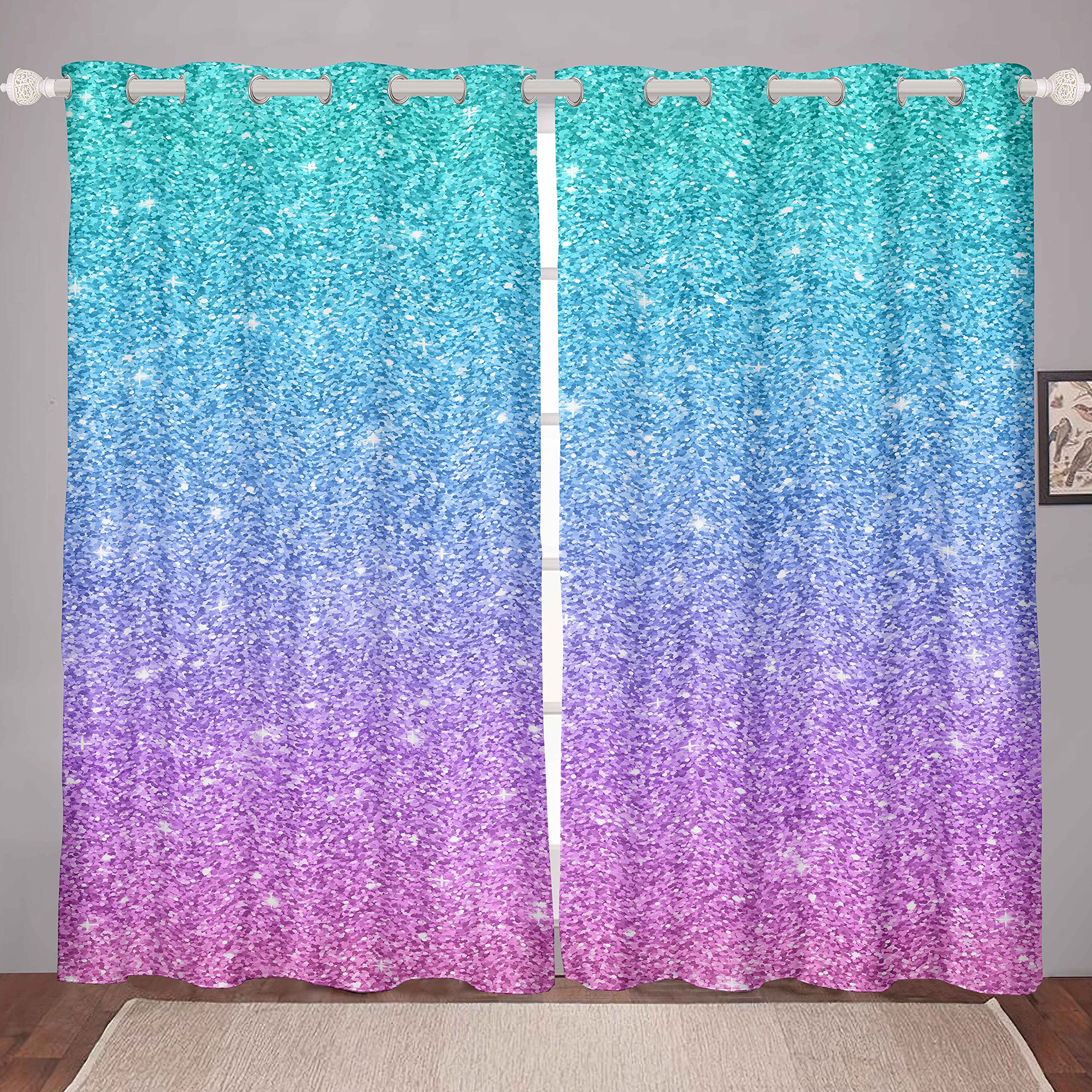 Girls Bedroom Curtain Colorful Glitter Turquoise Blue Pastel Pink Curtains Elegant Curtains for Women, W46 x L72