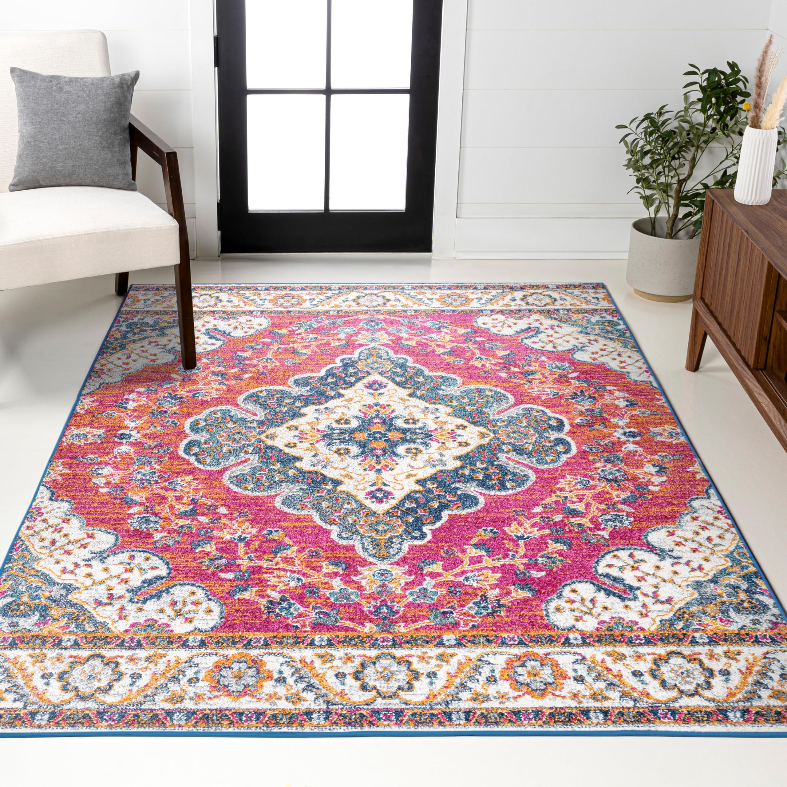 JONATHAN Y Boho Vintage Fuchsia/White Indoor Area Rug, 5x8, Bohemian Flair Medallion, Floral Easy-Cleaning High Traffic for Living Room, Bedroom, Kitchen, Pet-Friendly, Non-Shedding (BMF106C-5) Image