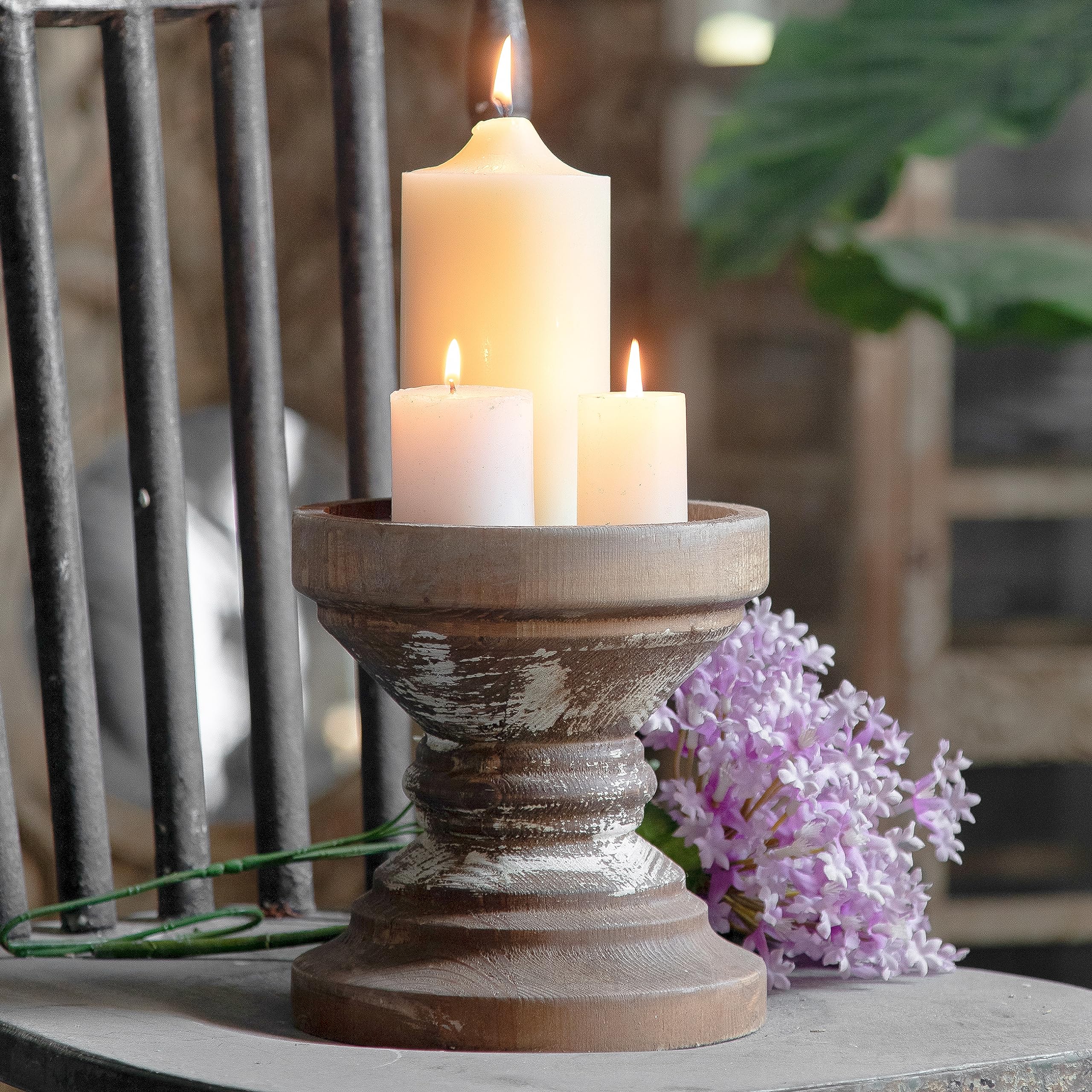 Photo 1 of ***DAMAGE -SELLING AS IS*** Farmhouse Antique Candle Holder for Pillar Candle, Vintage Wooden Pillar Candle Holder, Rustic Candlestick Holder for Table Centerpiece, Coffee Table Decor (6.7" x 6.7" x 7.1")