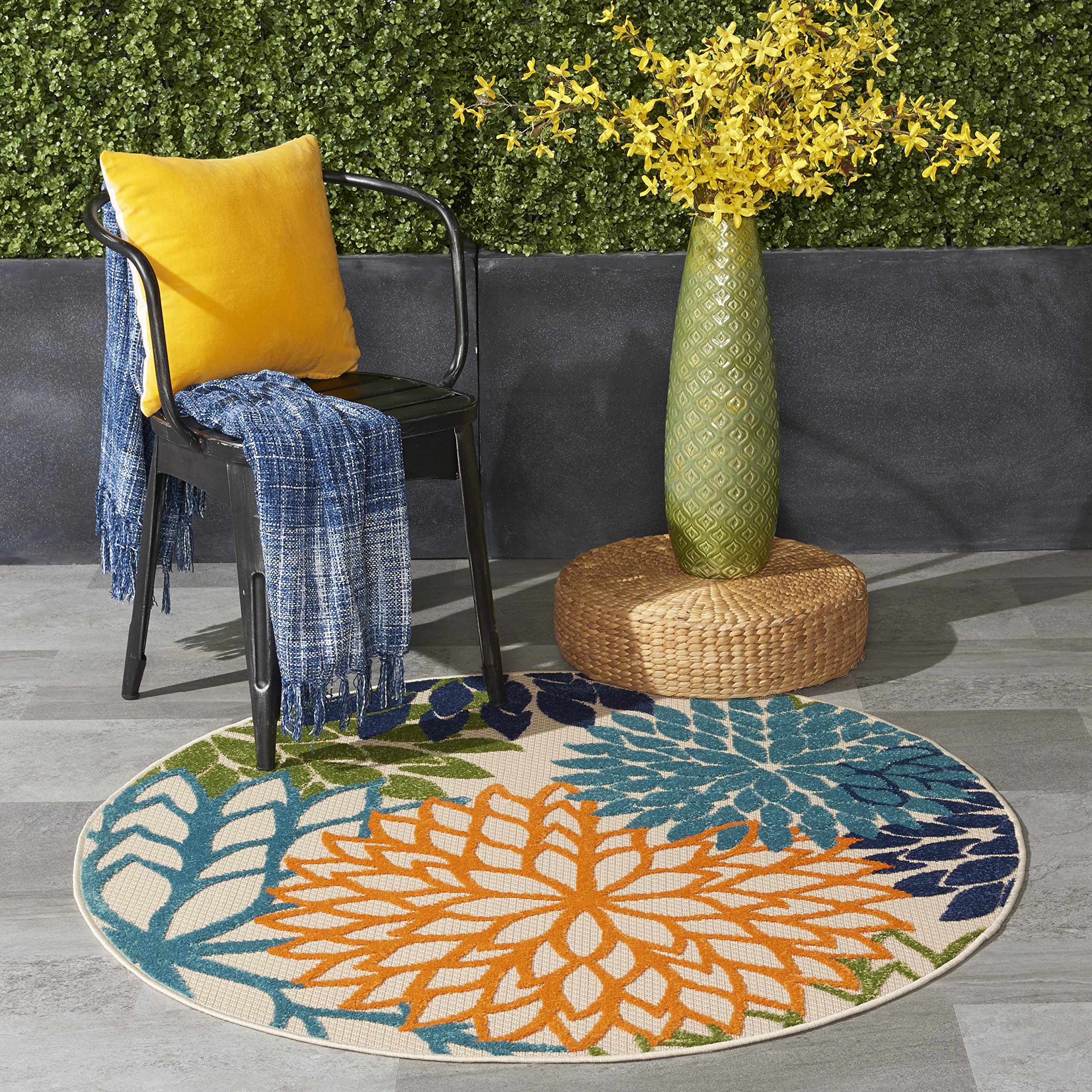 Nourison Aloha Indoor/Outdoor Multicolor 4' x Round Area Rug, Tropical, Botanical, Easy Cleaning, Non Shedding, Bed Room, Living Room, Dining Room, Deck, Backyard, Patio (4 Round)