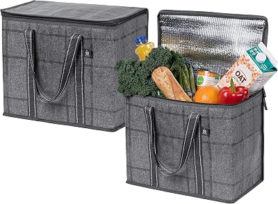 VenO 2 Pack Large Insulated Reusable Grocery Bag with Hard Bottom Black