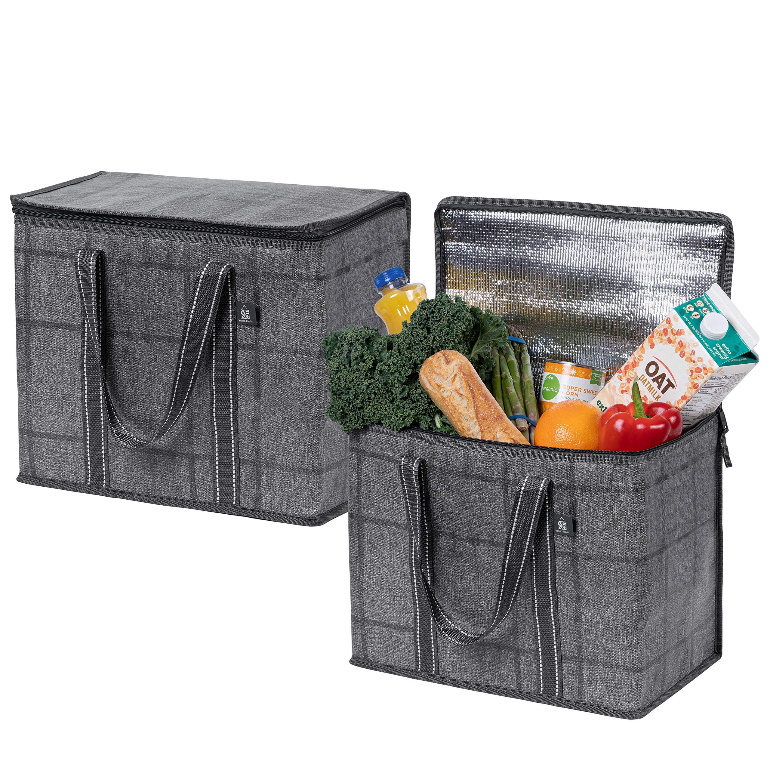 VENO 2 Pack Large Insulated Reusable Grocery Bag w/Hard Bottom, Food Delivery, Heavy Duty, Stands Upright, Dual Tab Zipper, Collapsible, Water-Resistant, Sustainable (Black Windowpane, 2 Pack)