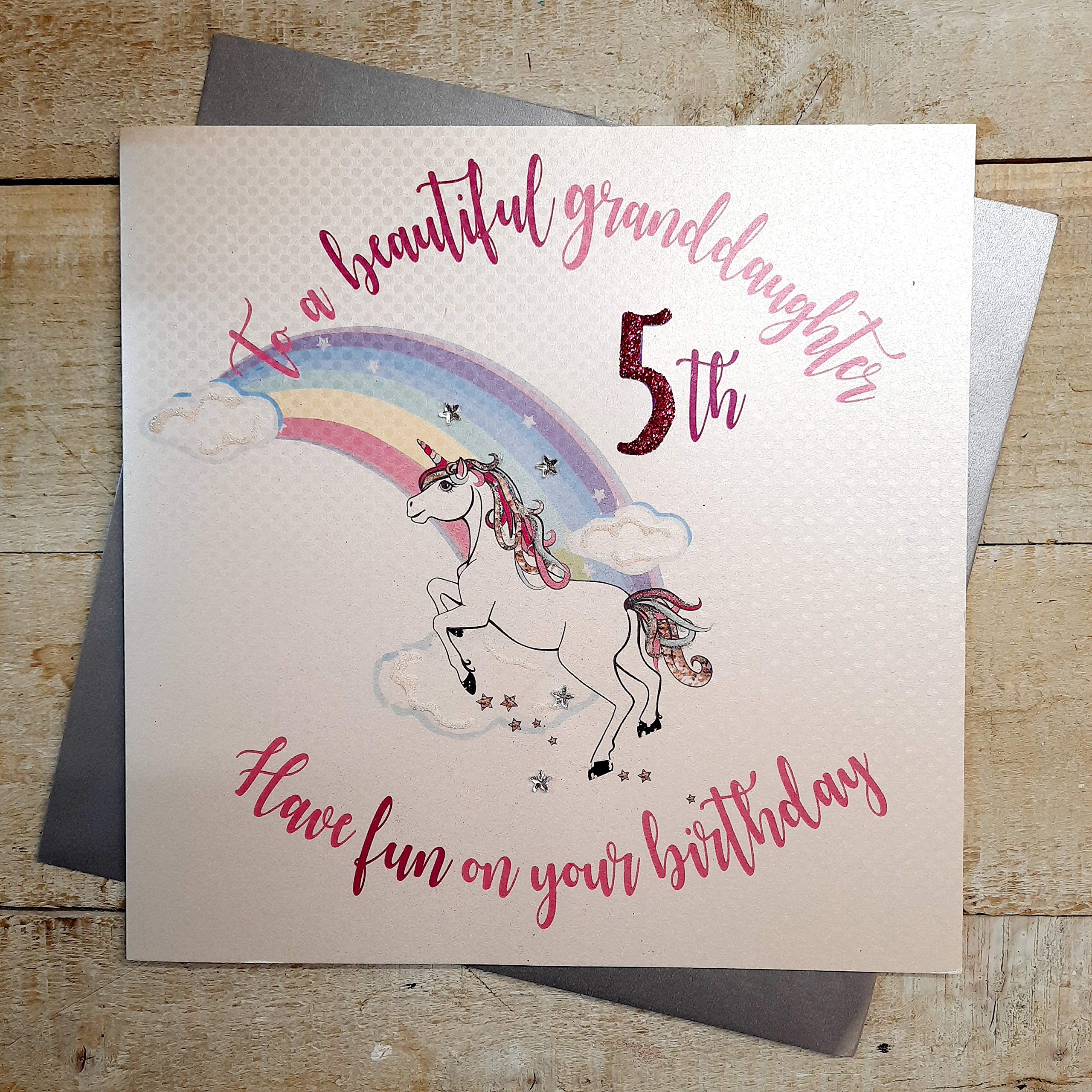 white cotton cards XR34-5gd Large"to a Beautiful Granddaughter, Have Fun on Your 5th Birthday" Handmade Card