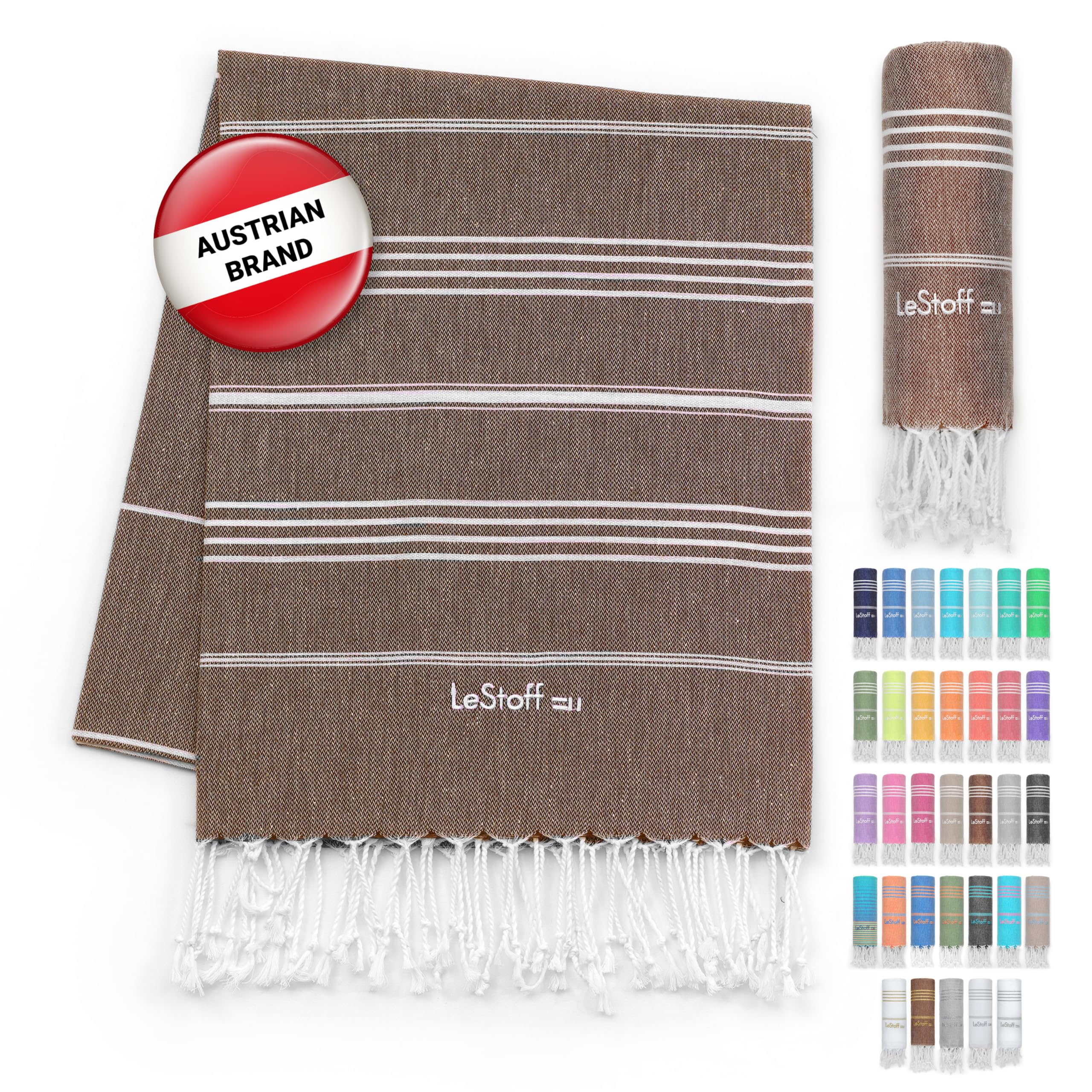 LeStoff Turkish Hammam Towel – 100% organic cotton, 95 x 180 cm, Pre-washed, Absorbent, Quick-drying, Lightweight, Turkish Towel, Hammam Beach Towel, Gym Towel, Beach Throw, Sauna Towel (Brown)
