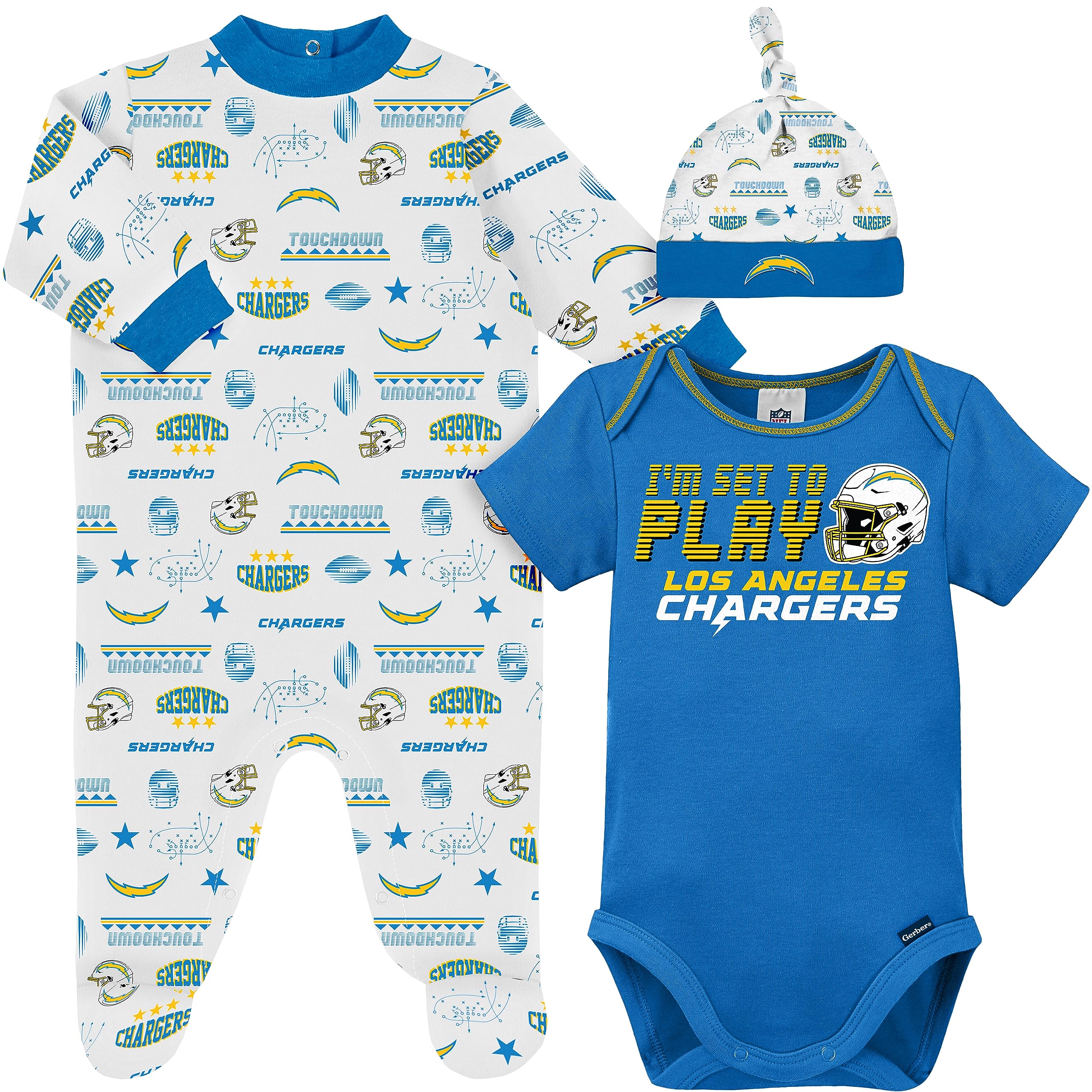 Gerber NFL Baby Boys' 3-Piece Bodysuit, Sleep 'n Play, & Cap Set, Los Angeles Chargers, 6-9 Months Image