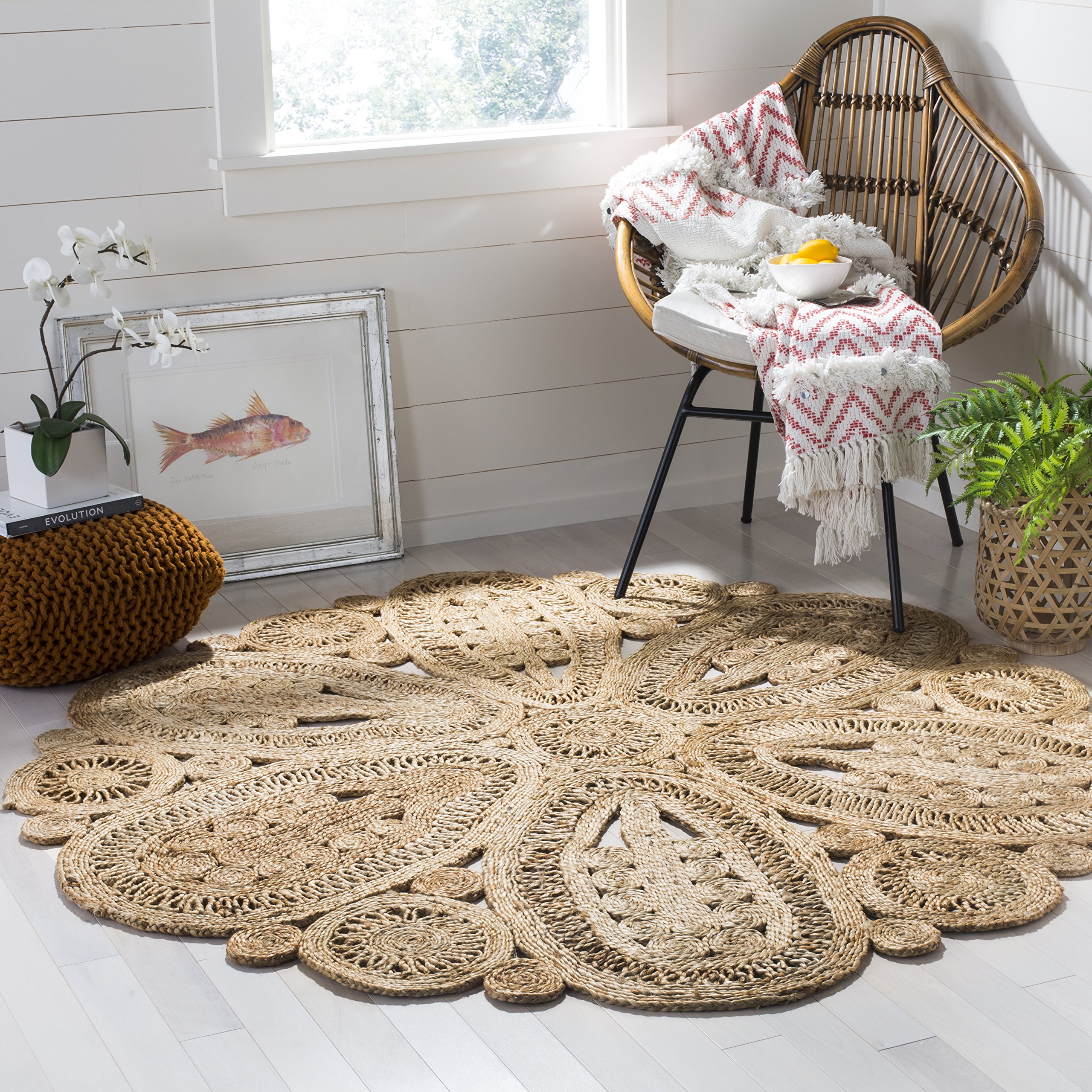 SAFAVIEH Area Rug 8' Round - Natural Fiber Collection - Natural Brown, Handmade Jute, Decorative Boho Floral Design (NF360A) Image SAFAVIEH Area Rug 8' Round - Natural Fiber Collection - Natural Brown, Handmade Jute, Decorative Boho Floral Design (NF360A) Image