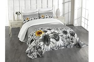 Lunarable Modern Bedspread, Sunflower Field Black and White Single Yellow Flower Spring Landscape Individuality, Decorative Quilted 3 Piece Coverlet Set with 2 Pillow Shams, King Size, Grey and White