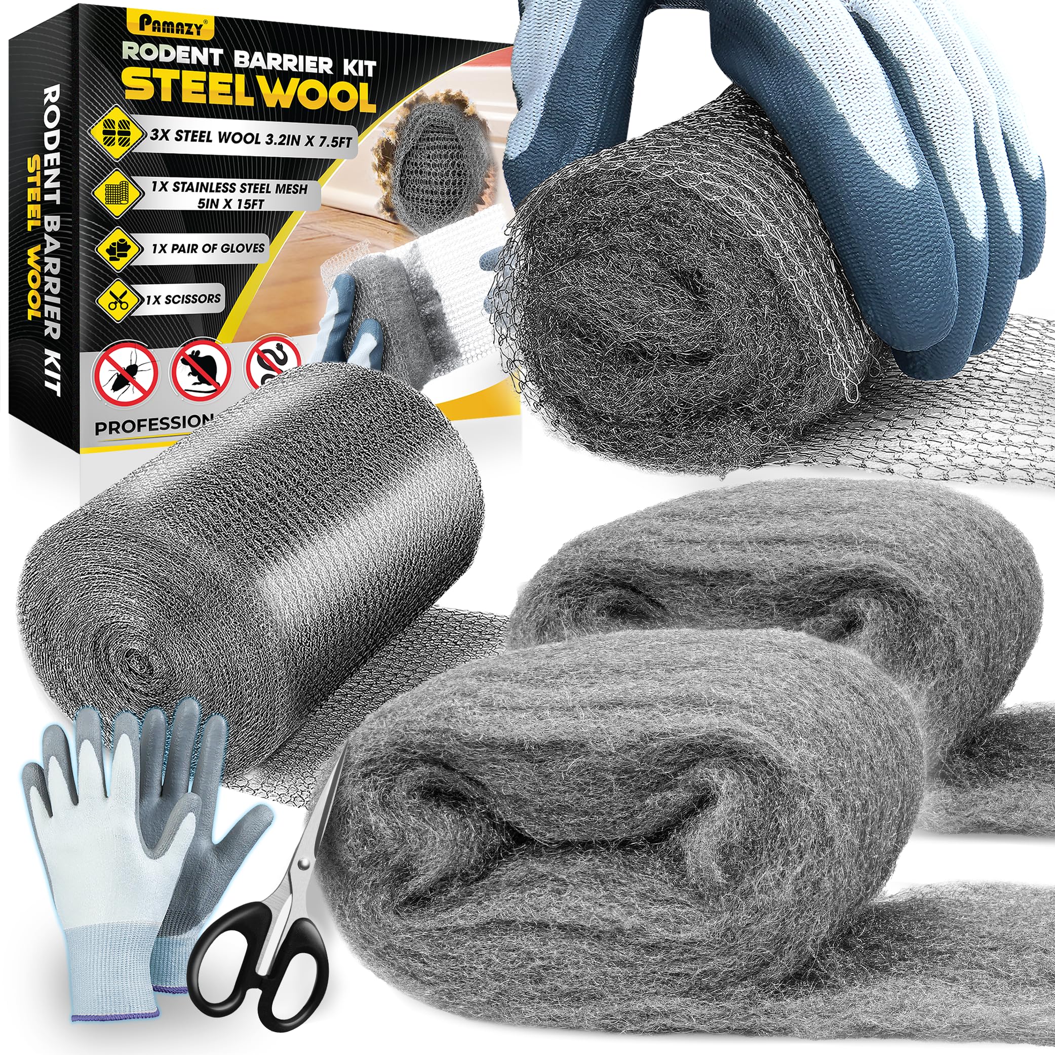Photo 1 of [Upgrade 2in1] Match of Steel Wool & Wire Mesh Fill Hole Fabric for Mice Control, 3PCS 3.2"x7.5FT Wool & 5"x15FT Stainless Mesh Gap Filler with Gloves & Scissors for Pipeline Vent Siding House Garage