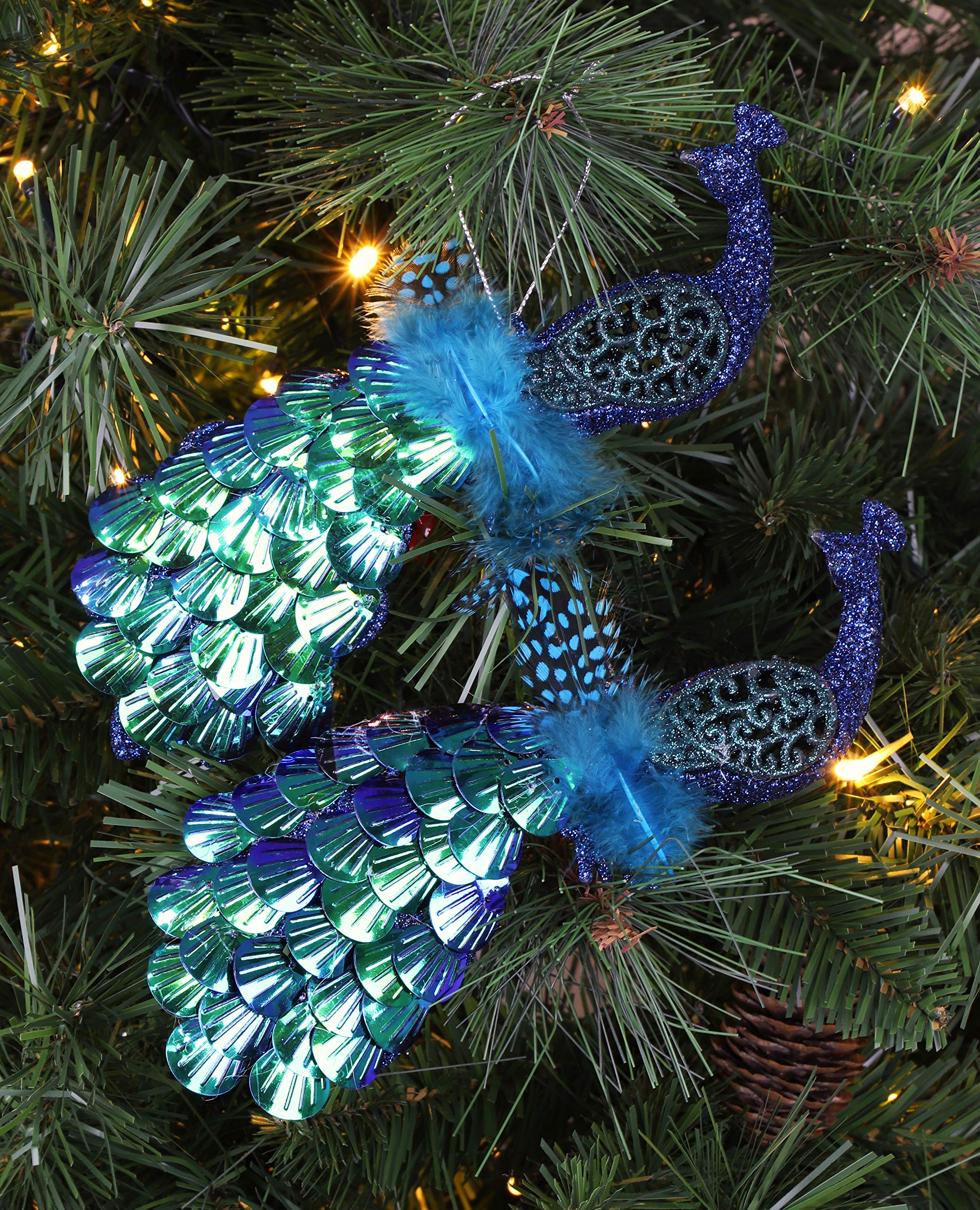 Christmas Concepts® 20cm Peacock Decoration With Jewelled Tail - Luxury Christmas Tree Decorations (Midnight Blue Sequins, Pack of 2)