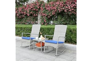 OASISHINE Rocking Chair Outdoor 3 Pieces High-Backed Patio Rocking Chairs Bistro Table and Chairs Set of 2 Outdoor Table and Chairs Anti-Slip Cushions, Dark Blue