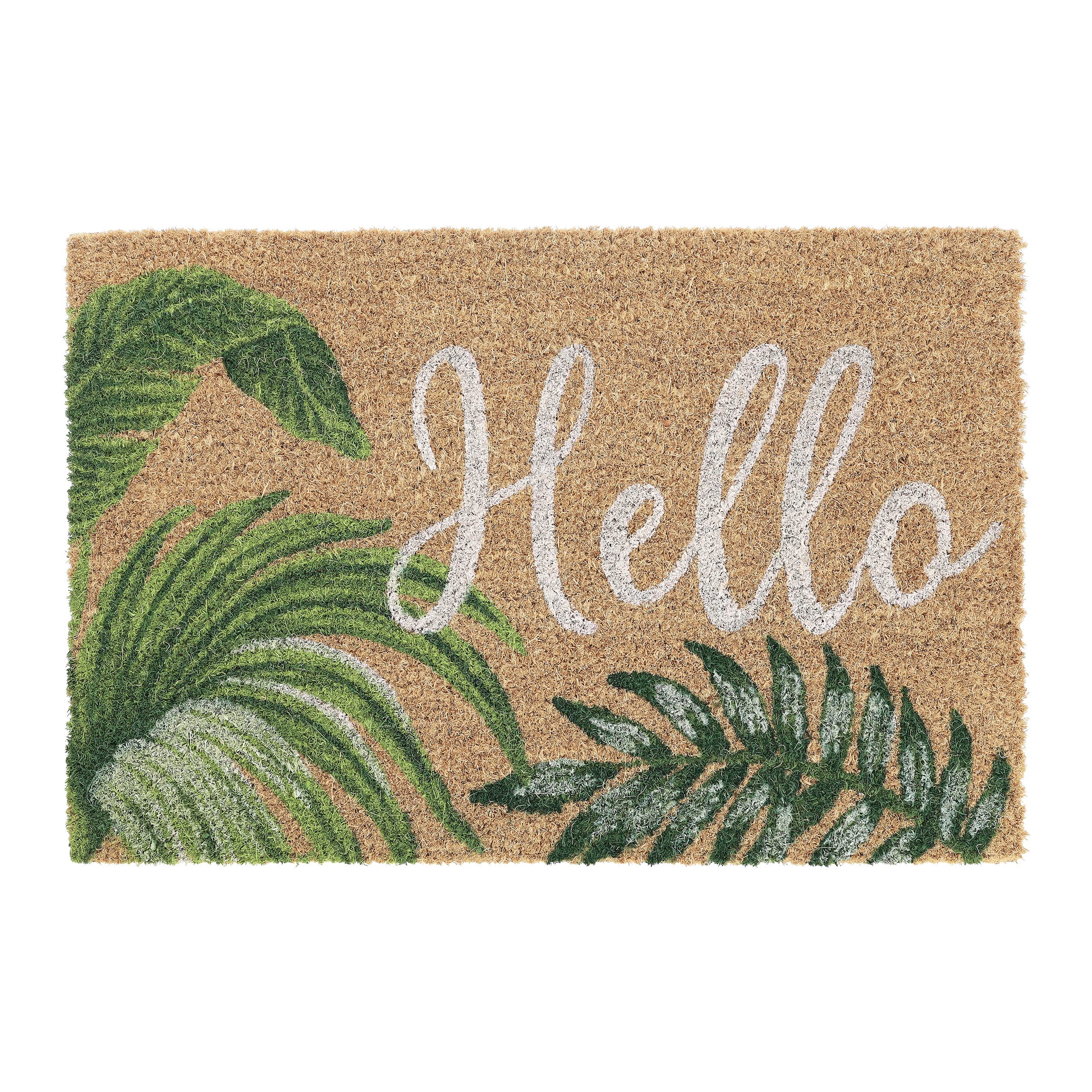Relaxdays Hello Leaves Doormat Coir Rubber, 40 x 60 cm, Welcome Door Mat Inside & Outside, Non-Slip, Natural Coir/Green