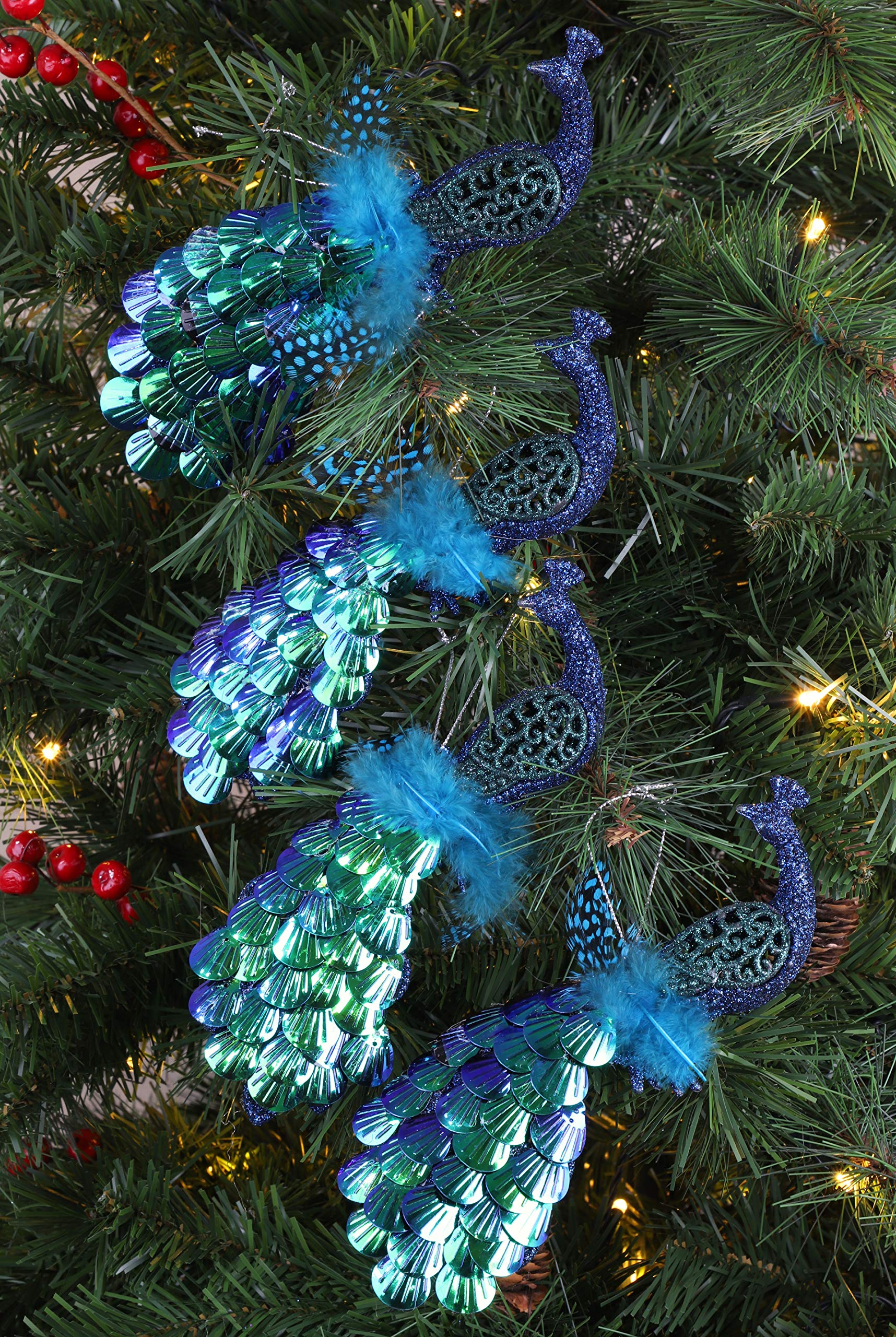 Christmas Concepts® 20cm Peacock Decoration With Jewelled Tail - Luxury Christmas Tree Decorations (Midnight Blue Sequins, Pack of 4)