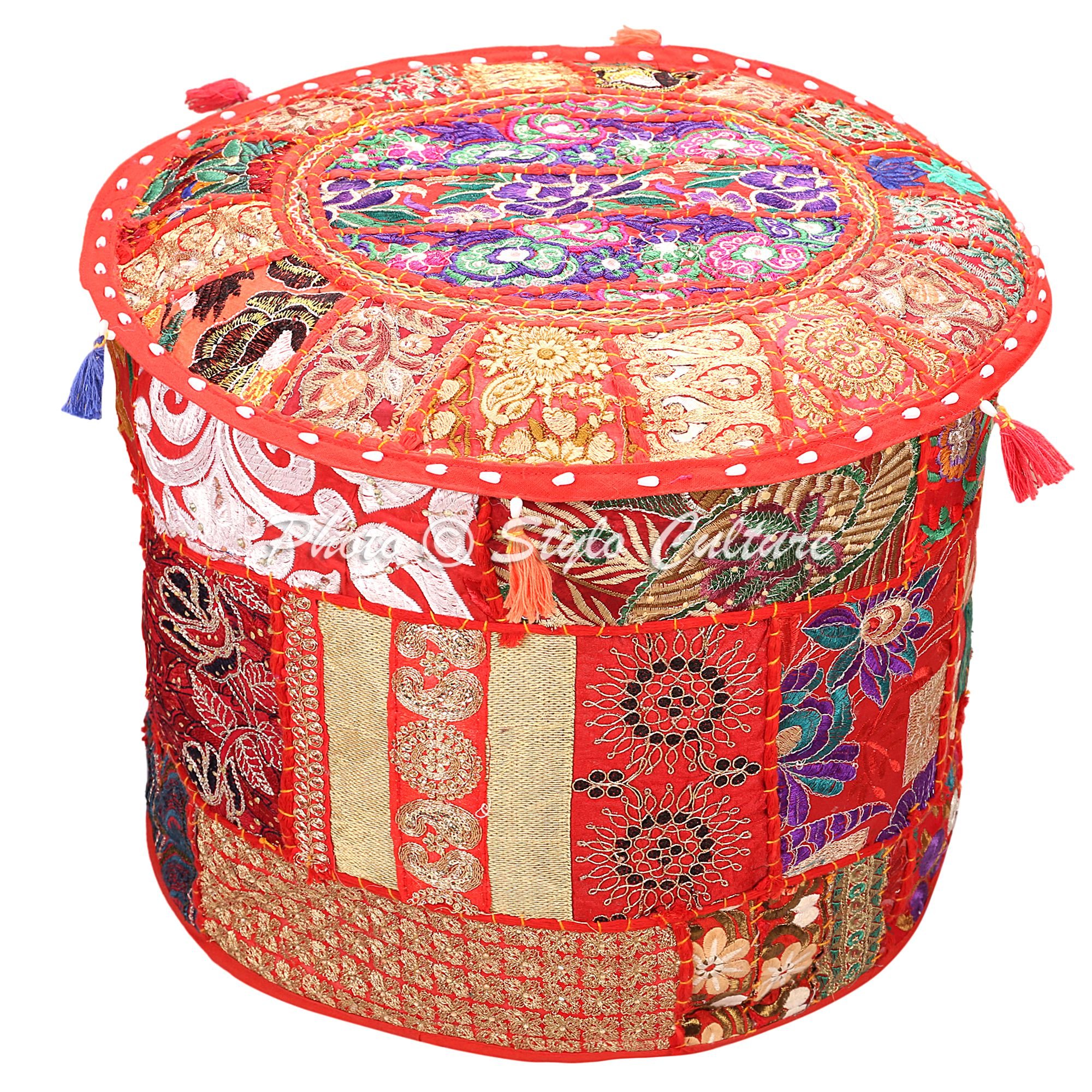 Stylo Culture Pouffe Seat Children Vintage Pouffe Ottoman Cover Red Indian Embroidered Patchwork Cotton Traditional Round Fabric Ottoman Pouf Cover (16x16x13 Inch) 40cm (COVER ONLY)
