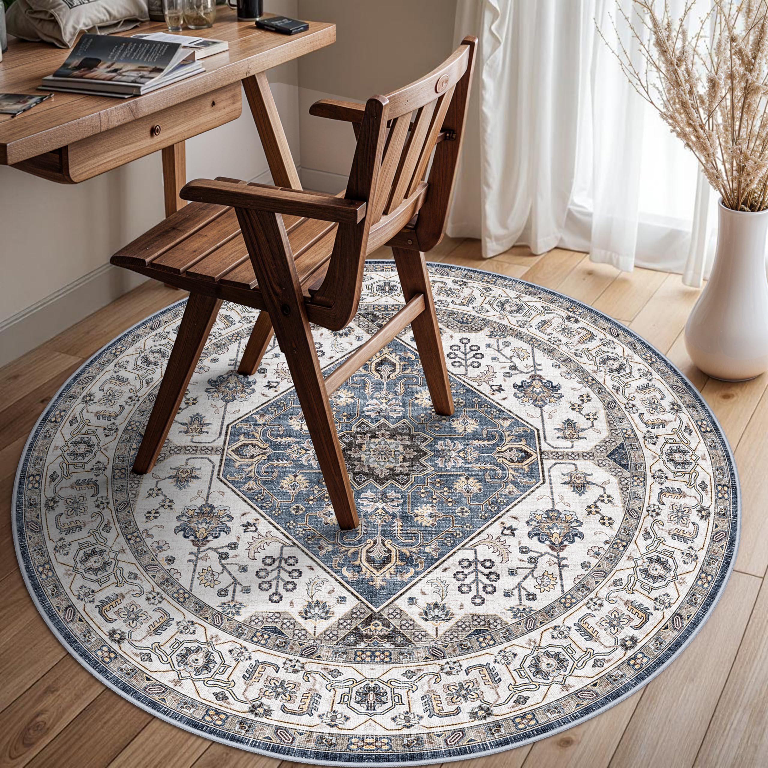 Living Room 4round Area Rugs - Boho Rugs for Living Room Stain Resistant Carpet Vintage Tribal Rugs for Bedroom Kitchen Bathroom with Non Slip Backing Home Decor Floor Decoration Mat 4ft Navy Image