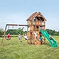 Backyard Discovery Highlander Cedar Wood Swing Set with Wave Slide, Three-Story Clubhouse, Rock Wall, Picnic Table, Belt Swings, Web Swing, Sandbox, Three Ladders, Toy Accessories, Outdoor Playset