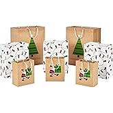 Hallmark Christmas Gift Bags for Kids (8 Bags: 3 Small 6", 3 Medium 9", 2 Large 13") Recyclable Kraft with Santa, Lights and Tree