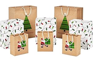 Hallmark Christmas Gift Bags for Kids (8 Bags: 3 Small 6", 3 Medium 9", 2 Large 13") Recyclable Kraft with Santa, Lights and Tree
