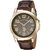 U.S. Polo Assn. Men&rsquo;s Gold-Tone Analog Watch with Textured Brown Dial, Faux-Leather Strap, Quartz Movement, Arabic Index, Gift Box Included, Fits Wrists 5.5" to 8"