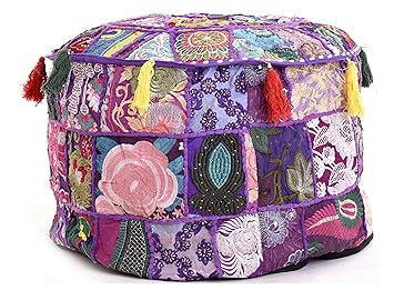 Purple Embroidery Pouf Ottoman Pouffe Cover Ethnic Decorative Pillow Cover Round Pouf Foot Stool Poof Cover 22 Inch by Handicraft-Palace