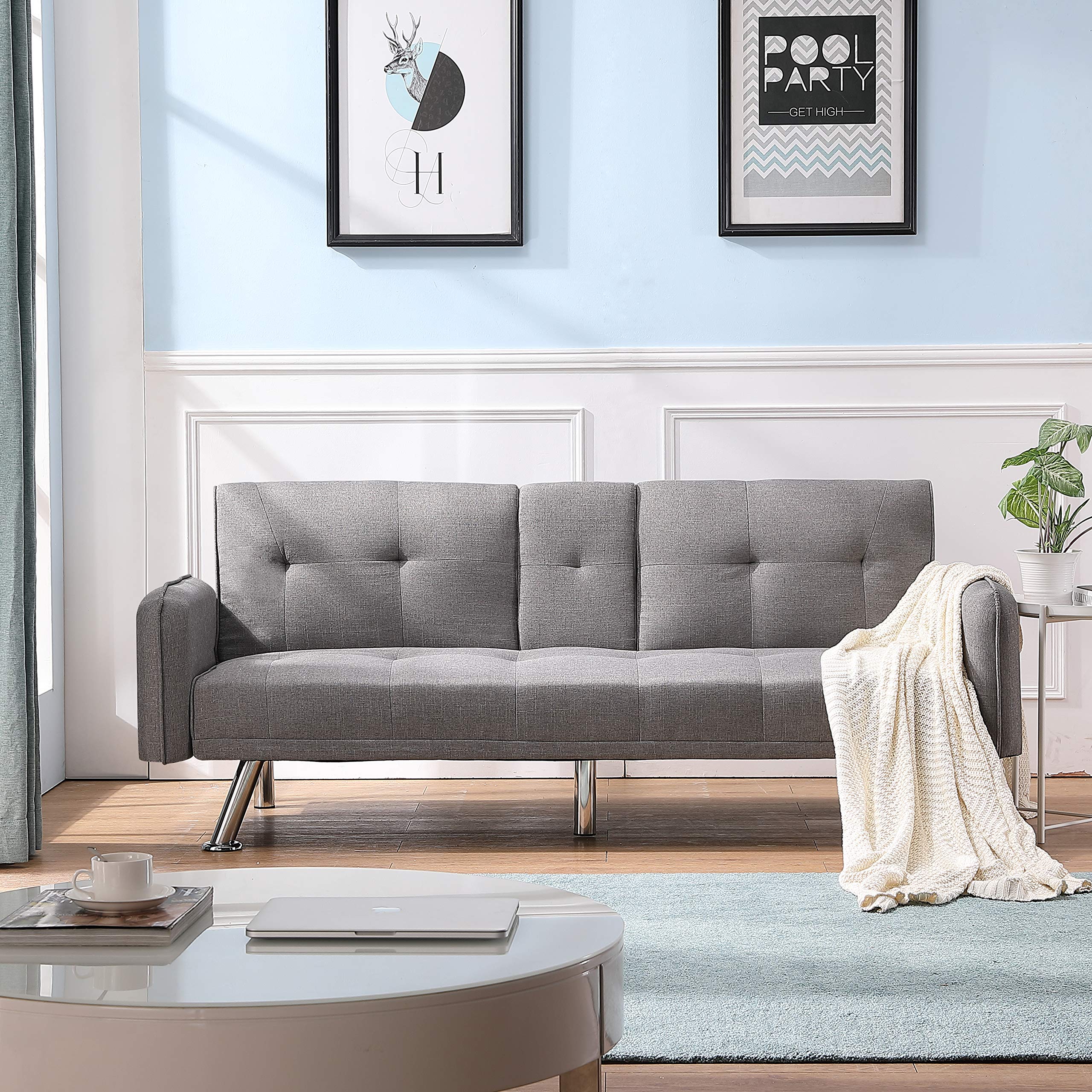Merax Futon Bed Couch, Modern Sofa Sleeper Design for Living Room or Bedroom, Including Metal Legs and Upholstery Sofabed, Light Grey