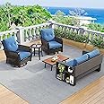 HWB 4-Seat Outdoor Furniture Patio Conversation Set, 2 Padded Rocking Chair & 2-Seat Patio Wicker Sofa, Recreation and Freedom - Blue Cushion