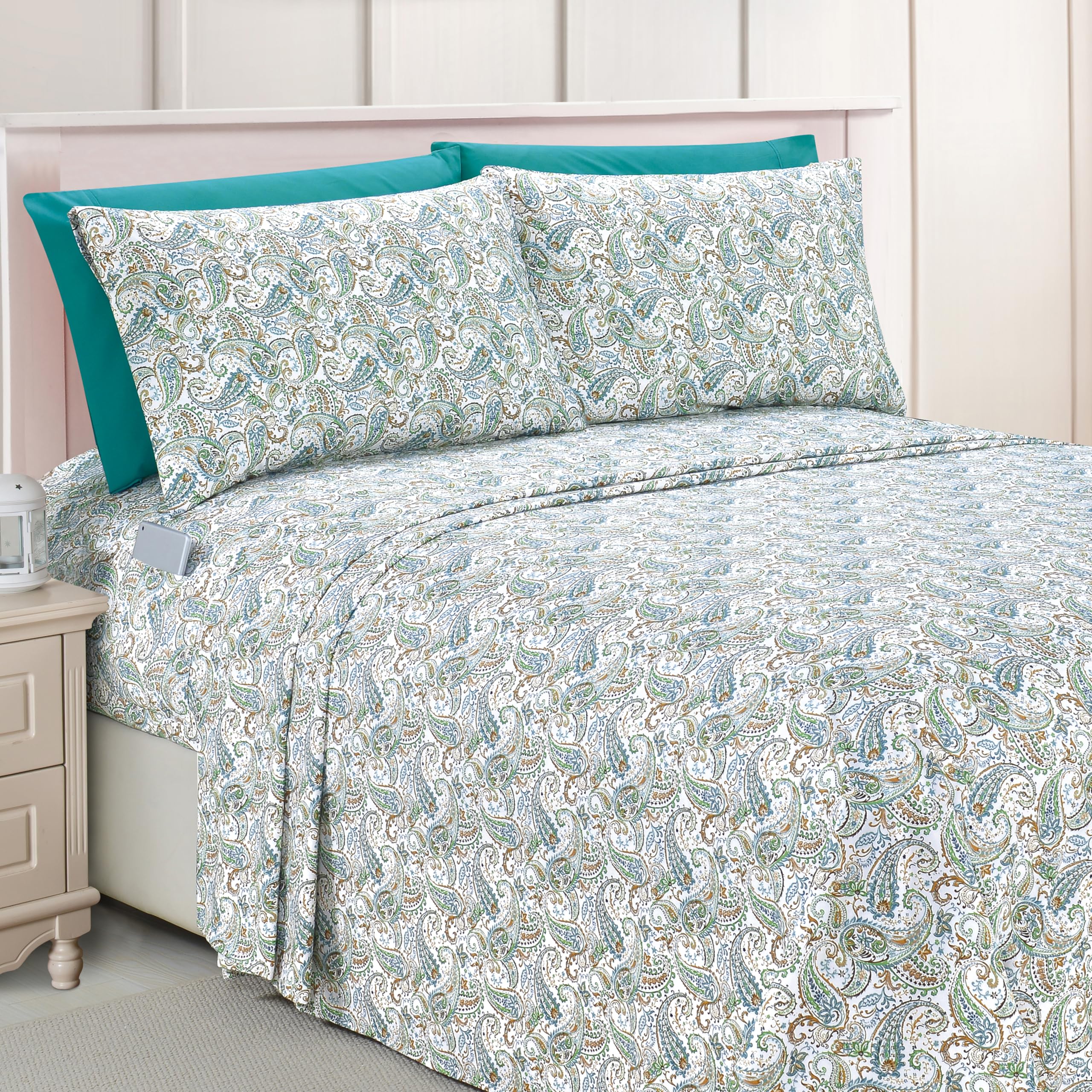 Elegant Comfort Luxury Soft Bed Sheets Paisley Pattern - 1500 Premium Hotel Quality Microfiber Softness Wrinkle and Fade Resistant (6-Piece) Bedding Set, California King, Paisley Teal Image