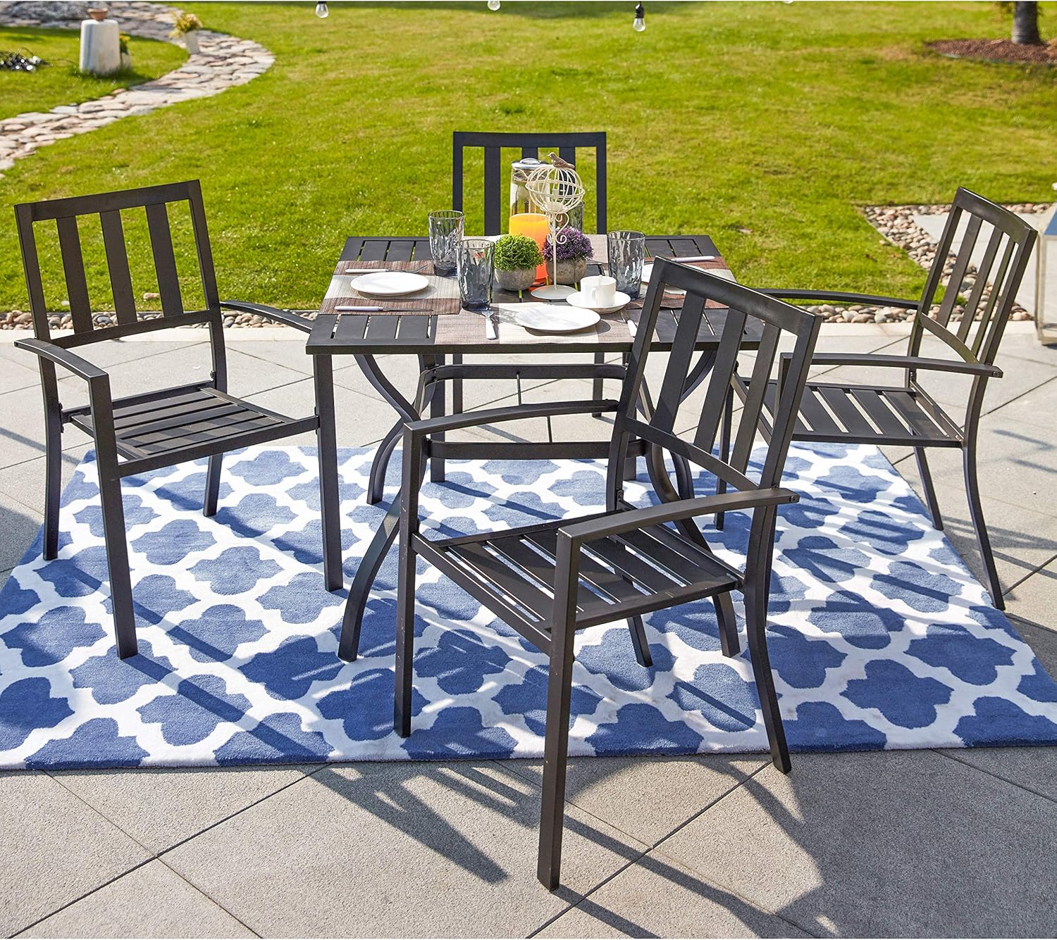 Lokatse Home Outdoor Patio Dining Table Square Heavy Duty Furniture With Umbrella Hole Patio Lawn Garden Dining Tables
