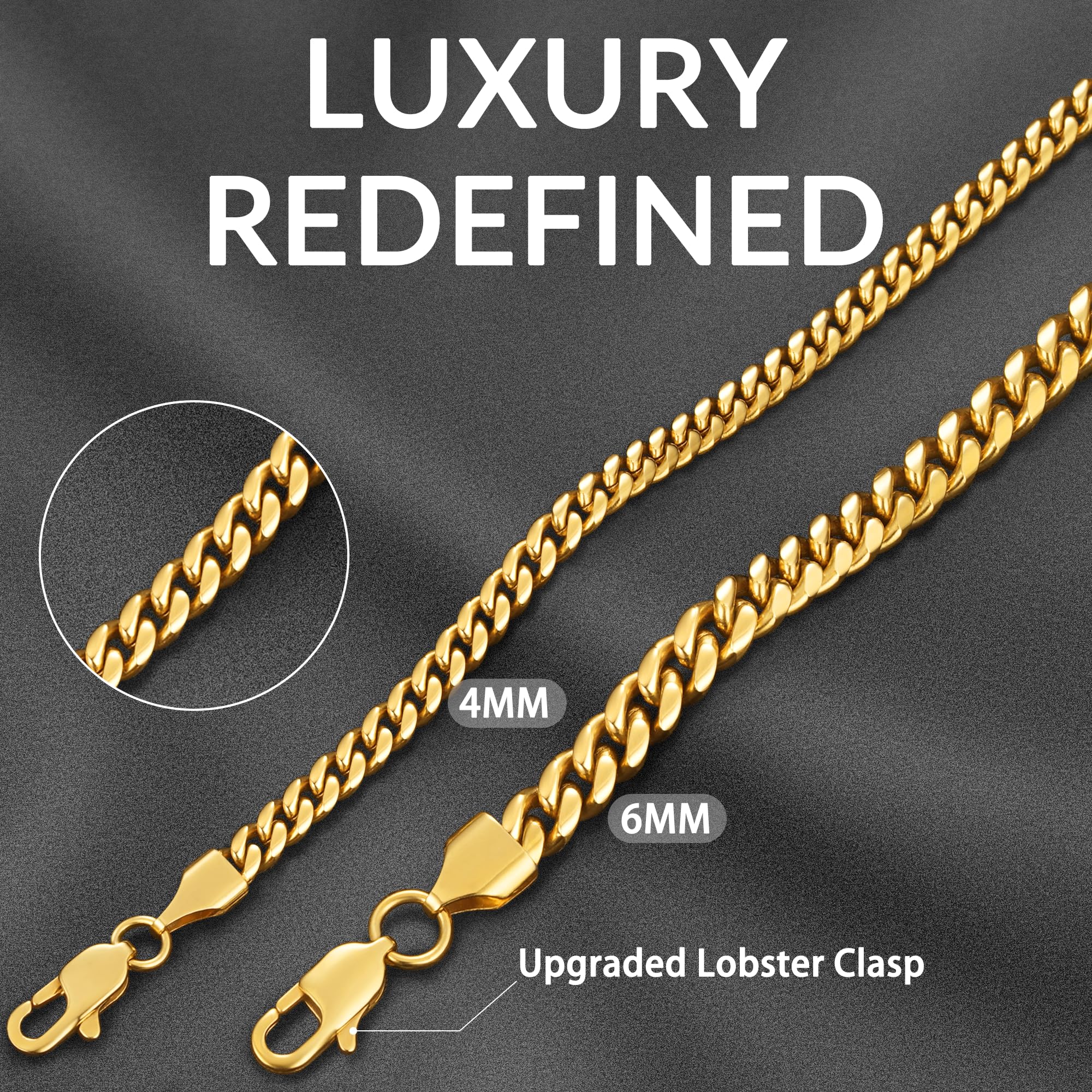 Momlovu Gifts for Men Boys 18K Gold Plated Chain Silver Tone Chain for Men Boys, 4mm/6mm Stainless Steel Cuban Link Chain, Cool Men's Necklace Chain 18/20/22/24/26 Inch, Durable Lobster Clasp